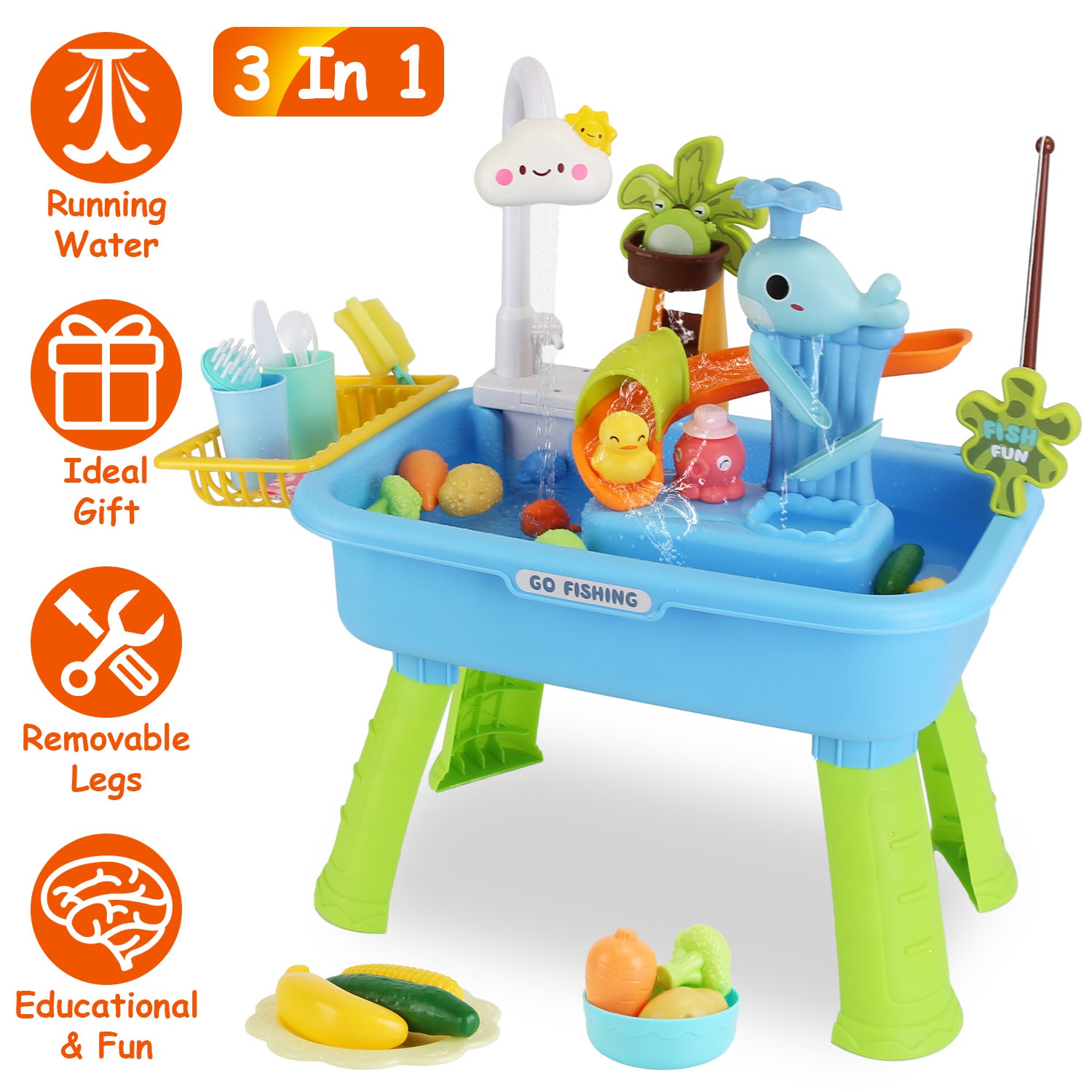 3 In 1 Kitchen Sink Toy with Electric Faucet Water Table Fishing Game Role Play Sink Set Indoor Outdoor for Kids Aged 3+ Years Old - Image 2