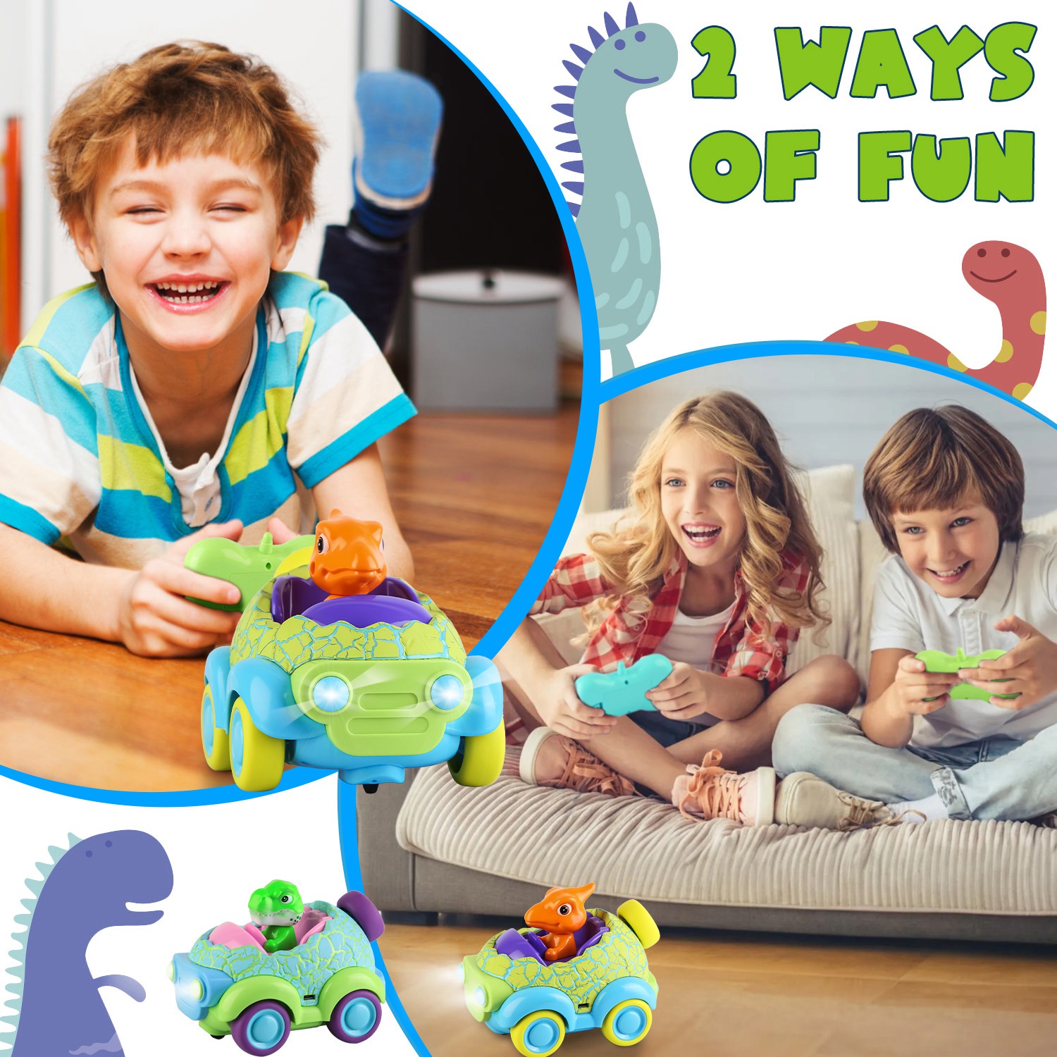 2Pack Dinosaur Remote Control Cars for Toddlers Rechargeable RC Cars with Light Music Birthday Gift For Boys Girls Aged 3 4 5 6 Years Old - Image 9