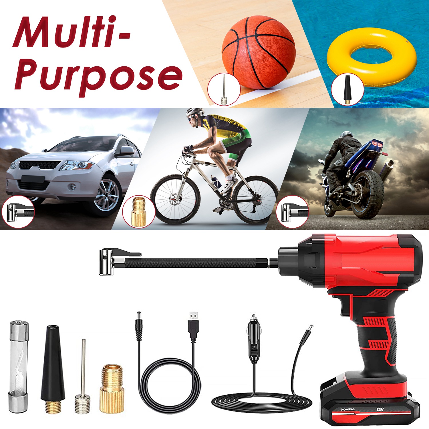 150PSI Cordless Car Tire Pump Rechargeable Tire Inflator 12V Portable Electric Air Compressor with LED Light for Car Bike Motorcycle Ball - Image 8