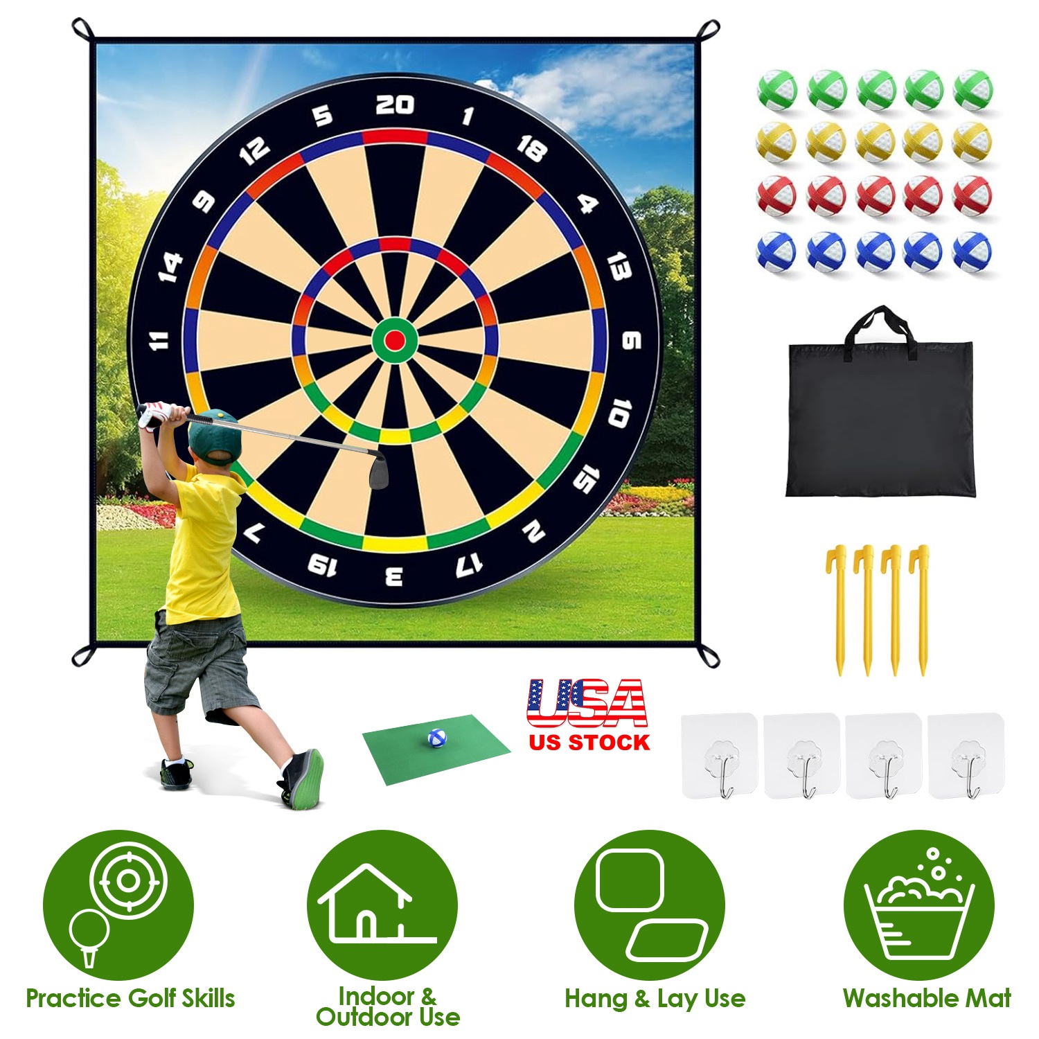 Golf Chipping Dart Game Mat Set With 20 Sticky Balls Ground Stakes Hanging Hooks Carrying Bag Indoor Outdoor Golf Hitting Training Game Mat For Kids B - Image 4