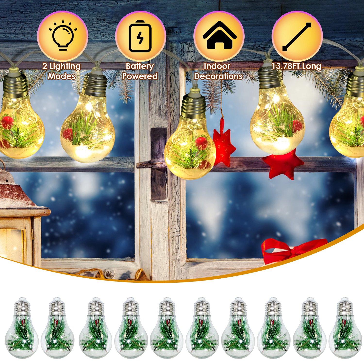 13.78FT Christmas Snow Globe String Light Battery Powered 10 LED Bulbs Indoor Christmas Lights with Pine Needles Snowflakes Berries - Image 3