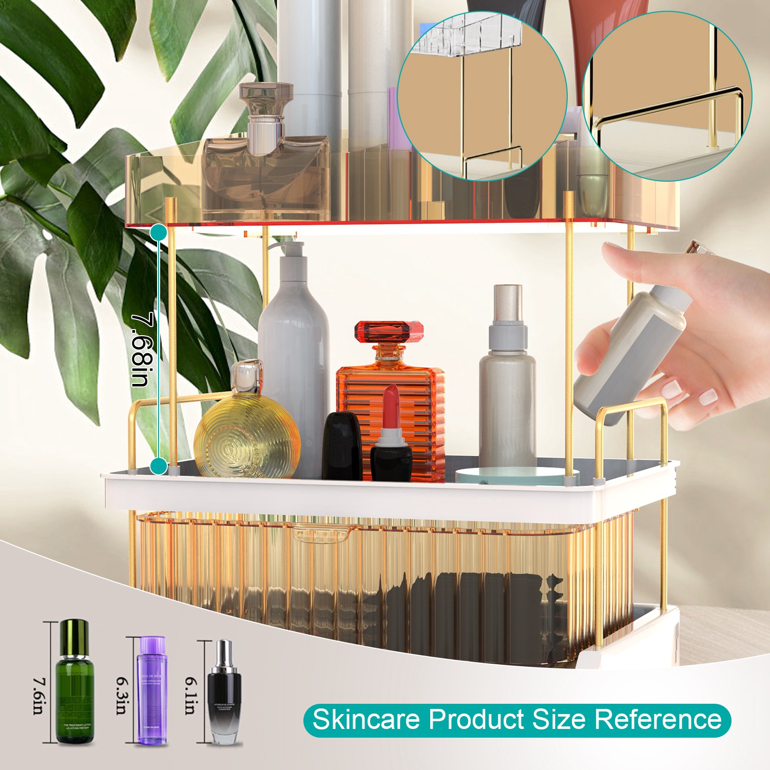 3 Tier Makeup Organizer for Vanity Large Capacity Skincare Shelf Bathroom Countertop Organizer with Drawer for Lipsticks Lotion Toner Perfumer Masks - Image 8