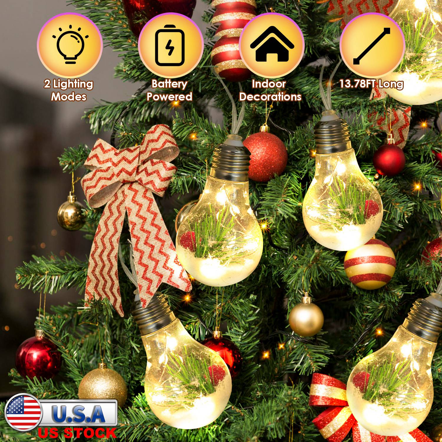 13.78FT Christmas Snow Globe String Light Battery Powered 10 LED Bulbs Indoor Christmas Lights with Pine Needles Snowflakes Berries - Image 6