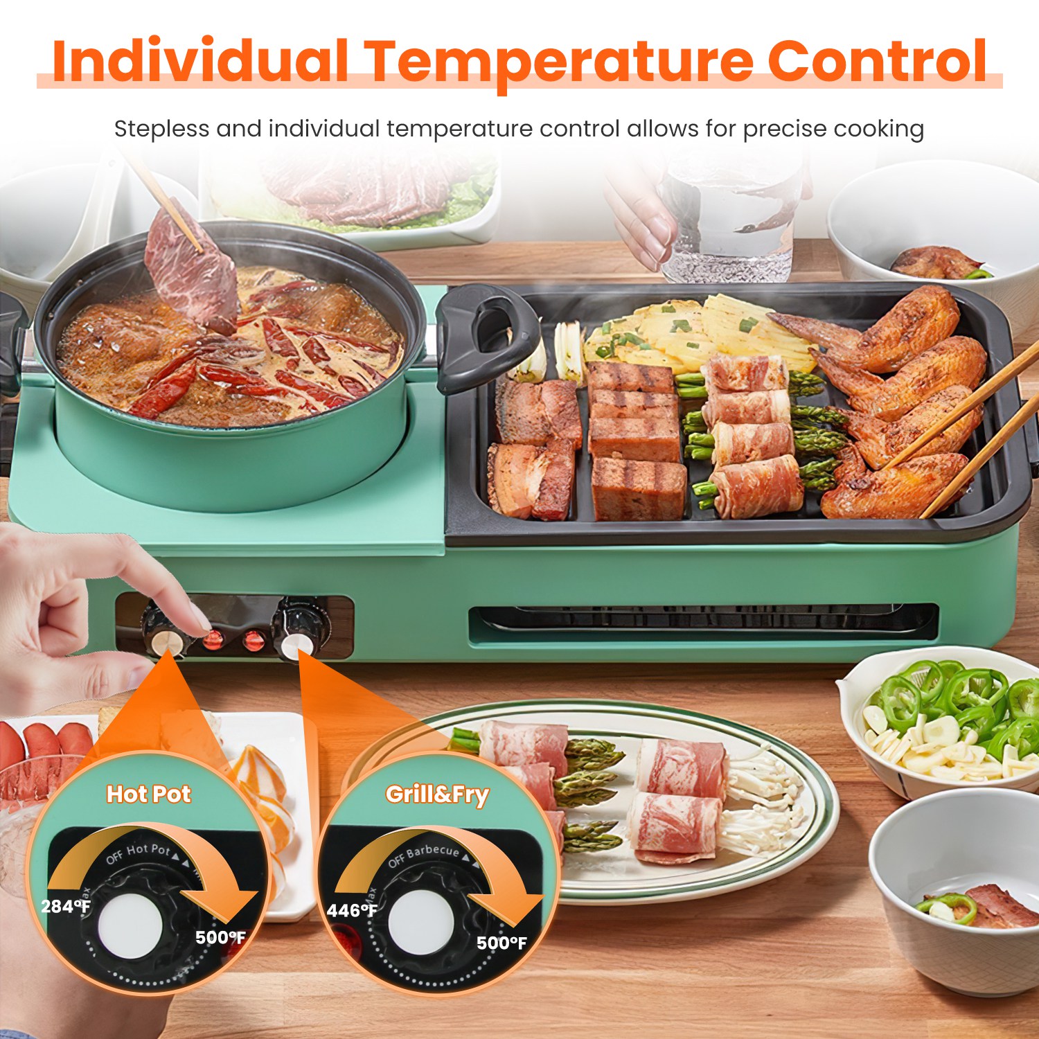 3 in 1 Electric Hot Pot with Grill 1600W Smokeless Non-Stick Korean BBQ Grill Shabu Shabu Hot Pot Combo with Independent Temperature Control for 3-5 P - Image 9