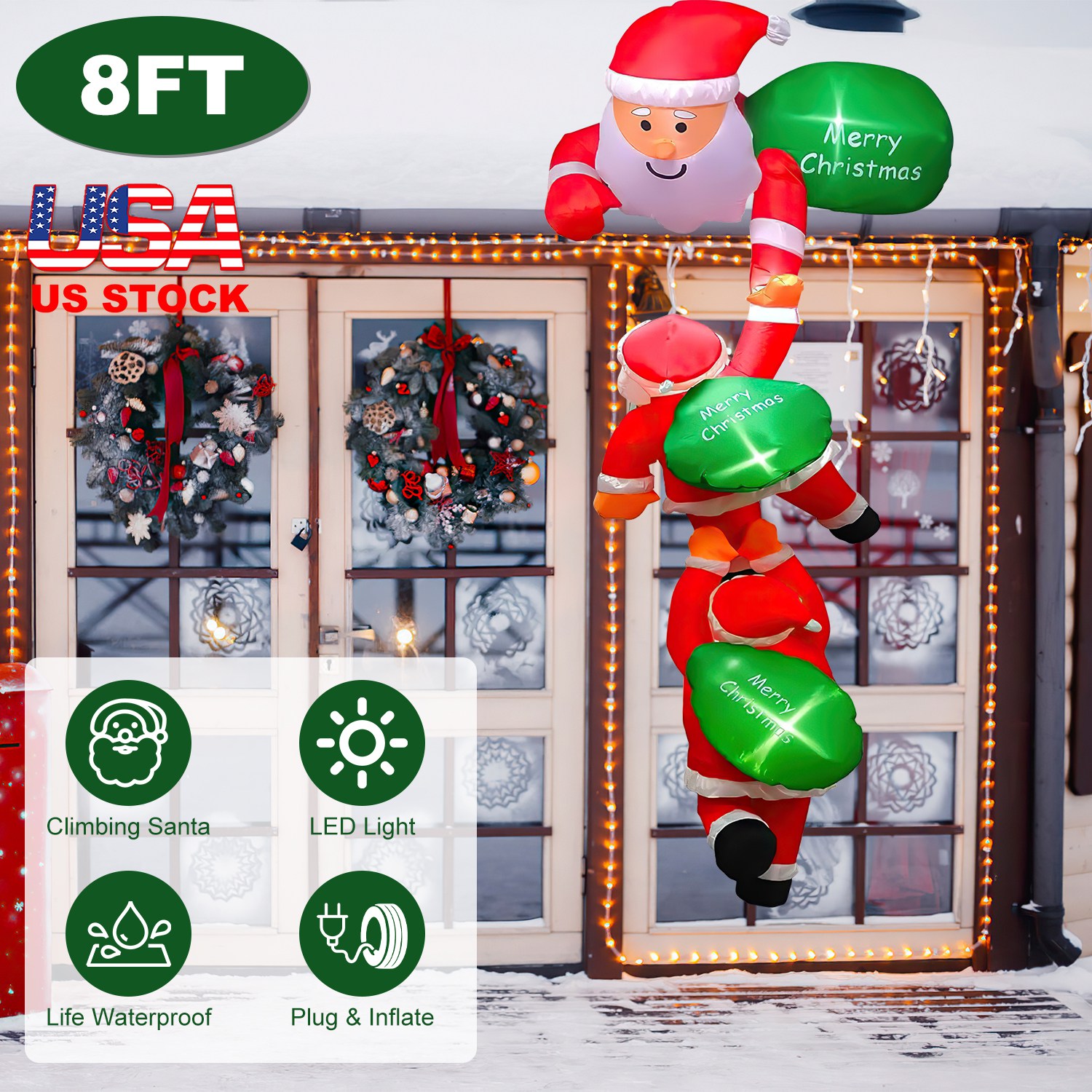 8FT Climbing Inflatable Santa Claus with Light Hanging Blow Up Christmas Inflatable Indoor Outdoor Christmas Decorations 3 Santa Claus 3 Merry Christm - Image 6