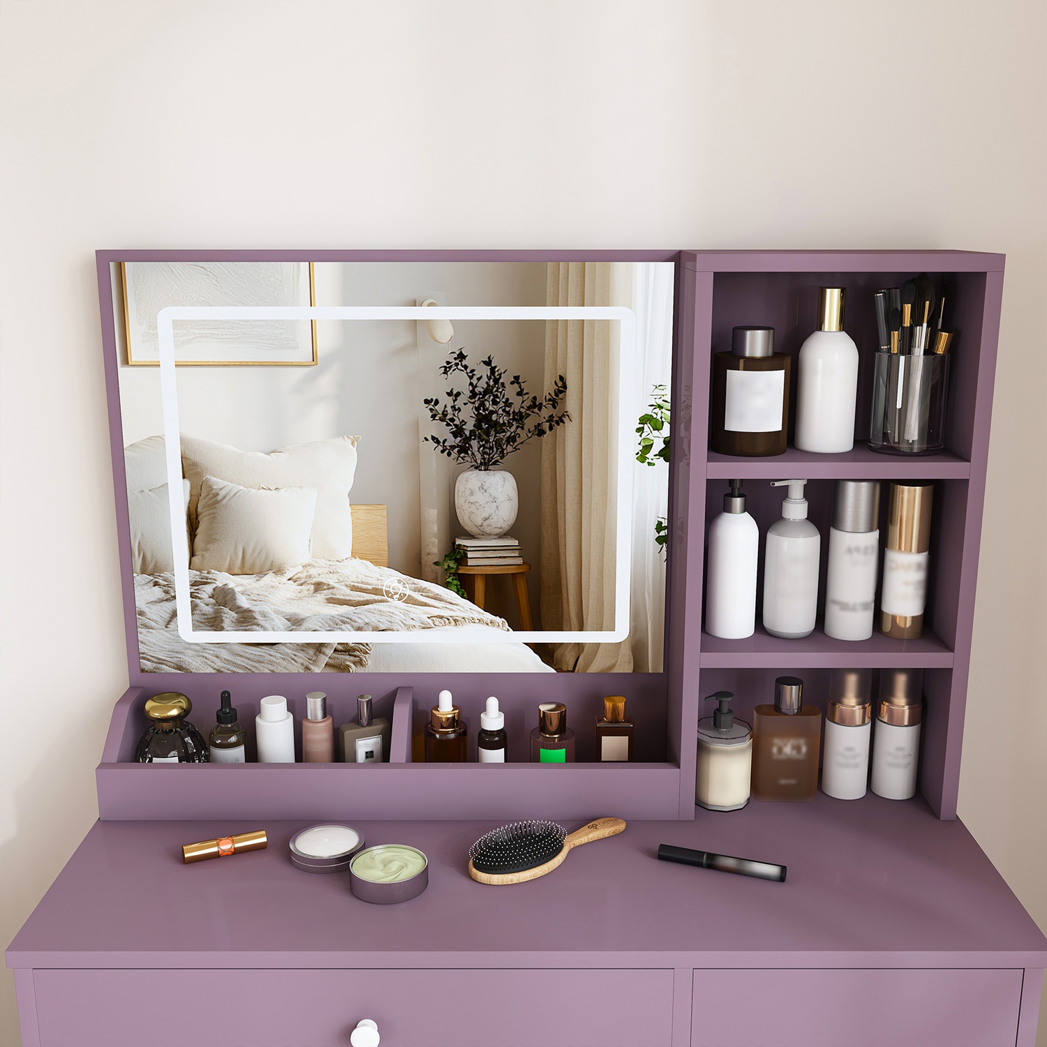 Purple Vanity Desk Set with LED Strip Lighted Mirror & Padded Stool, Modern Makeup Vanity with 3 Color Modes, Bedroom Dressing Table Combo - Image 8