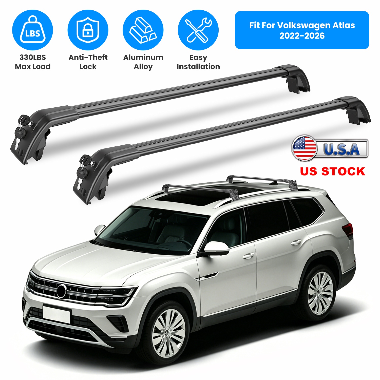 Roof Rack Cross Bars Fit for Volkswagen Atlas 2022-2026 with Factory Raised Side Rails Lockable Aluminum Roof Rack Crossbars With Locks Anti-Theft Car - Image 3