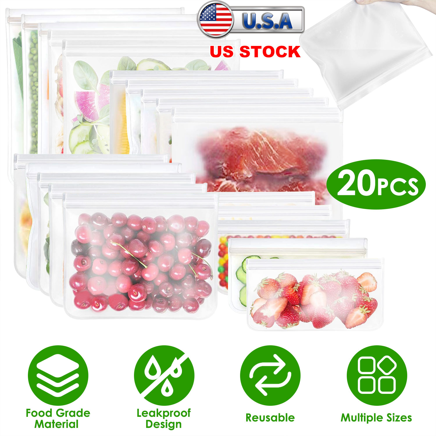 20Pcs Reusable Food Storage Bags 5 Sandwich Snack Gallon Quart Bag Leakproof BPA Free Food Container Freezer Safe Lunch Bag - Image 4