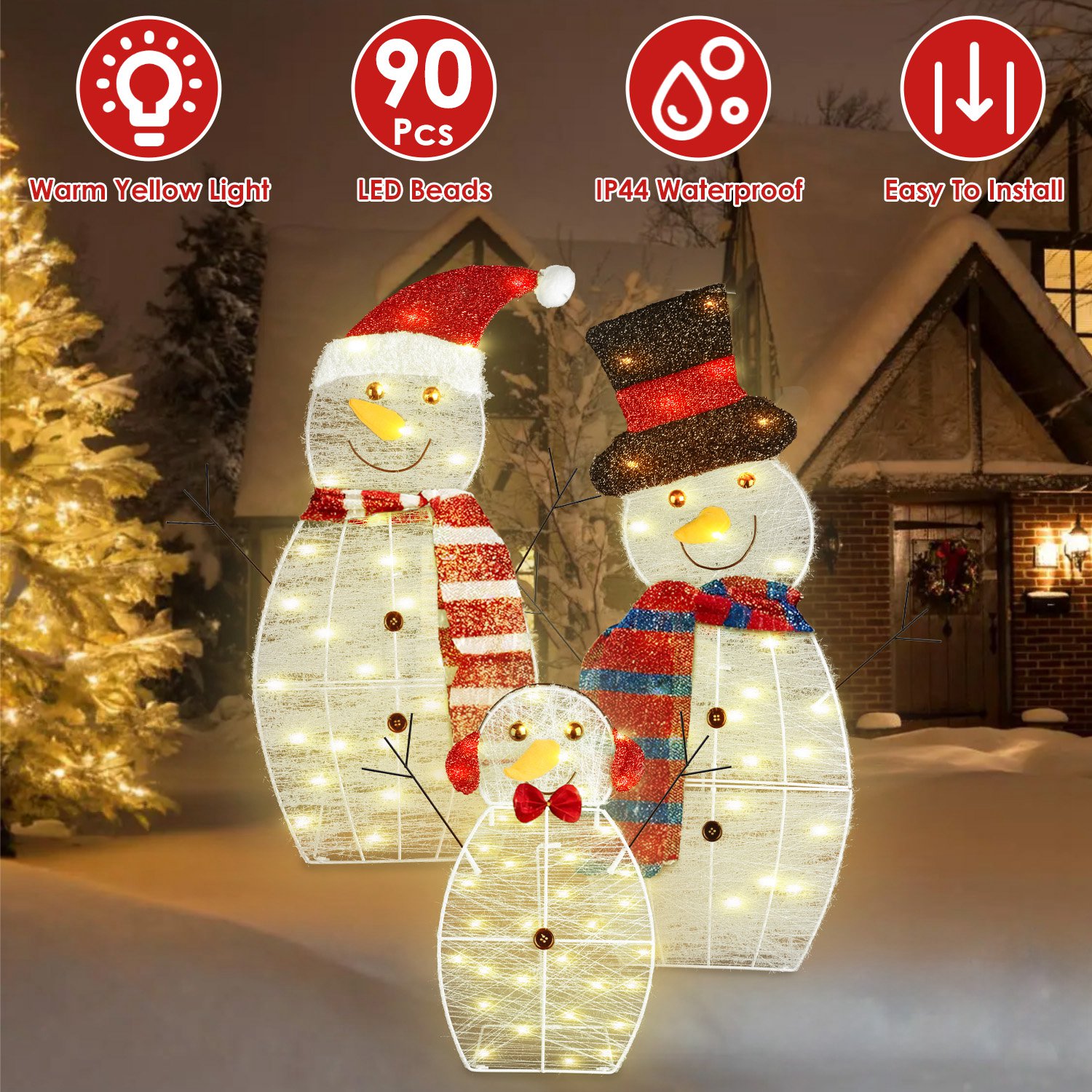 3Pcs 2D Christmas Snowman Yard Decoration Snowman Family Outdoor Decoration With 90Pcs LED Warm Yellow Lights 8 Lighting Modes IP44 Waterproof For Chr - Image 5