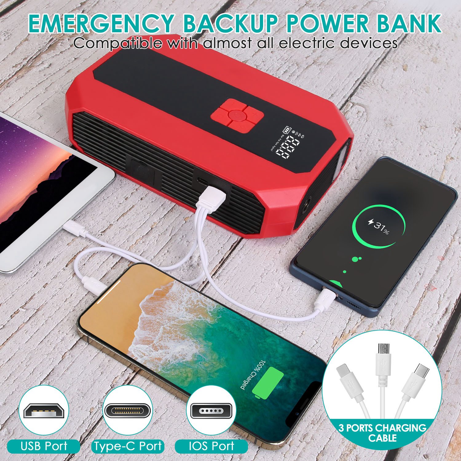 Portable Car Jump Starter Air Compressor 1500A 400PSI Car Battery Charger Jump Starter Power Bank LED Flashlight Digital Tire Inflator for 4.0L Gasoli - Image 9