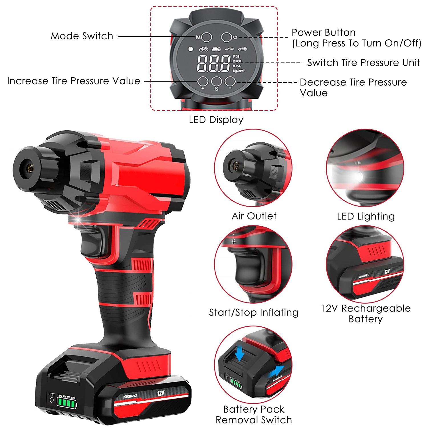 150PSI Cordless Car Tire Pump Rechargeable Tire Inflator 12V Portable Electric Air Compressor with LED Light for Car Bike Motorcycle Ball - Image 10