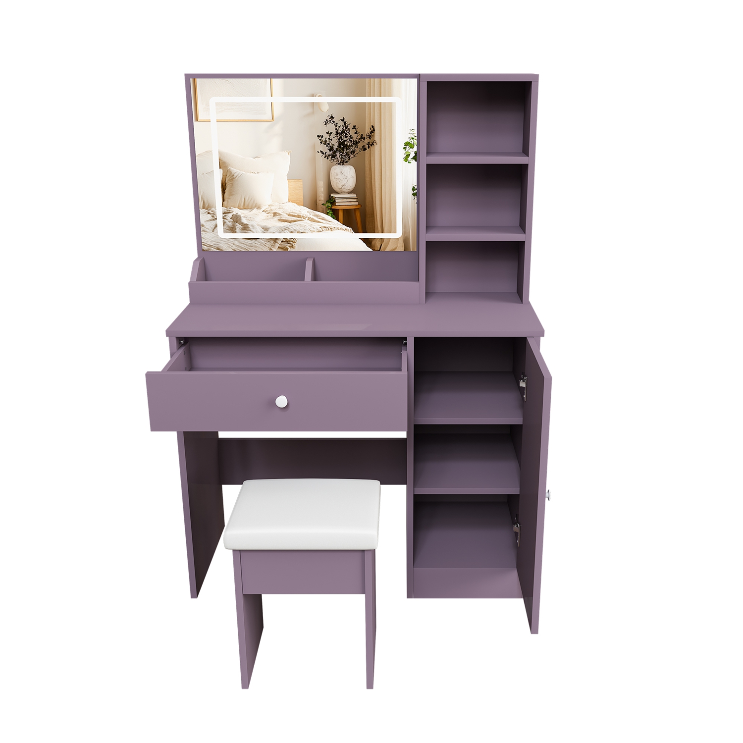 Purple Vanity Desk Set with LED Strip Lighted Mirror & Padded Stool, Modern Makeup Vanity with 3 Color Modes, Bedroom Dressing Table Combo - Image 3