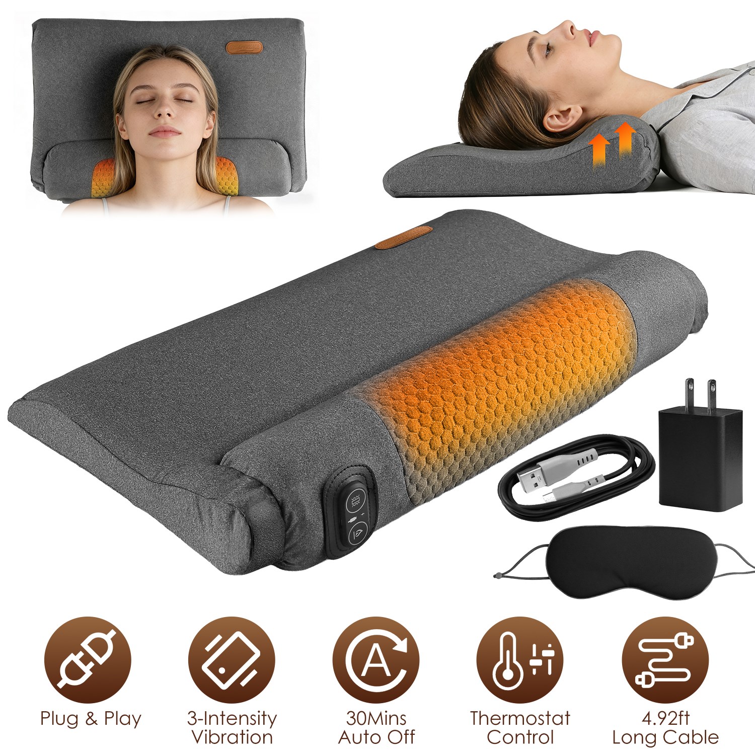 Neck Massager Pillow Ergonomic Massager Memory Foam Pillow with 3-Level Heating 3-Intensity Vibration 30Min Timer for Neck Back Shoulder Pain Relief - Image 4