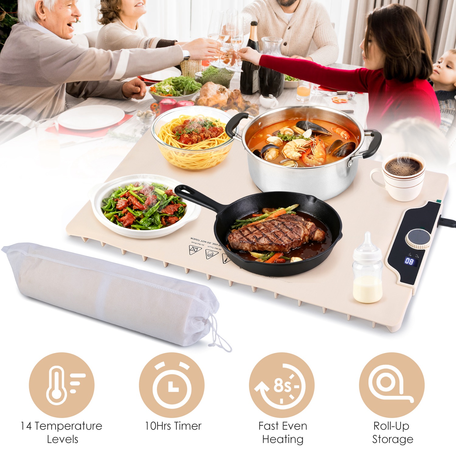 Food Warming Mat 23.6X15.8In 300W Fast Heating Electric Silicone Food Warmer With 14 Temp Levels 10Hrs Timer Settings Roll-Up Portable Hot Plates Heat - Image 6