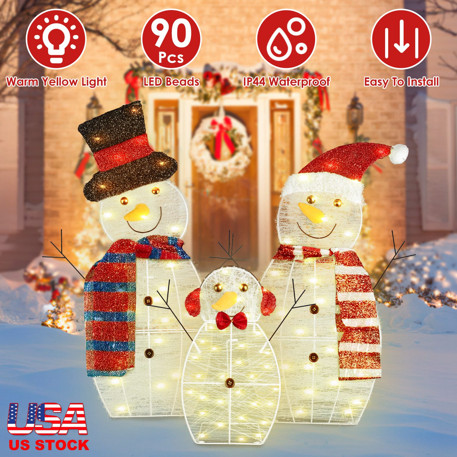 3Pcs 2D Christmas Snowman Yard Decoration Snowman Family Outdoor Decoration With 90Pcs LED Warm Yellow Lights 8 Lighting Modes IP44 Waterproof For Chr - Image 6