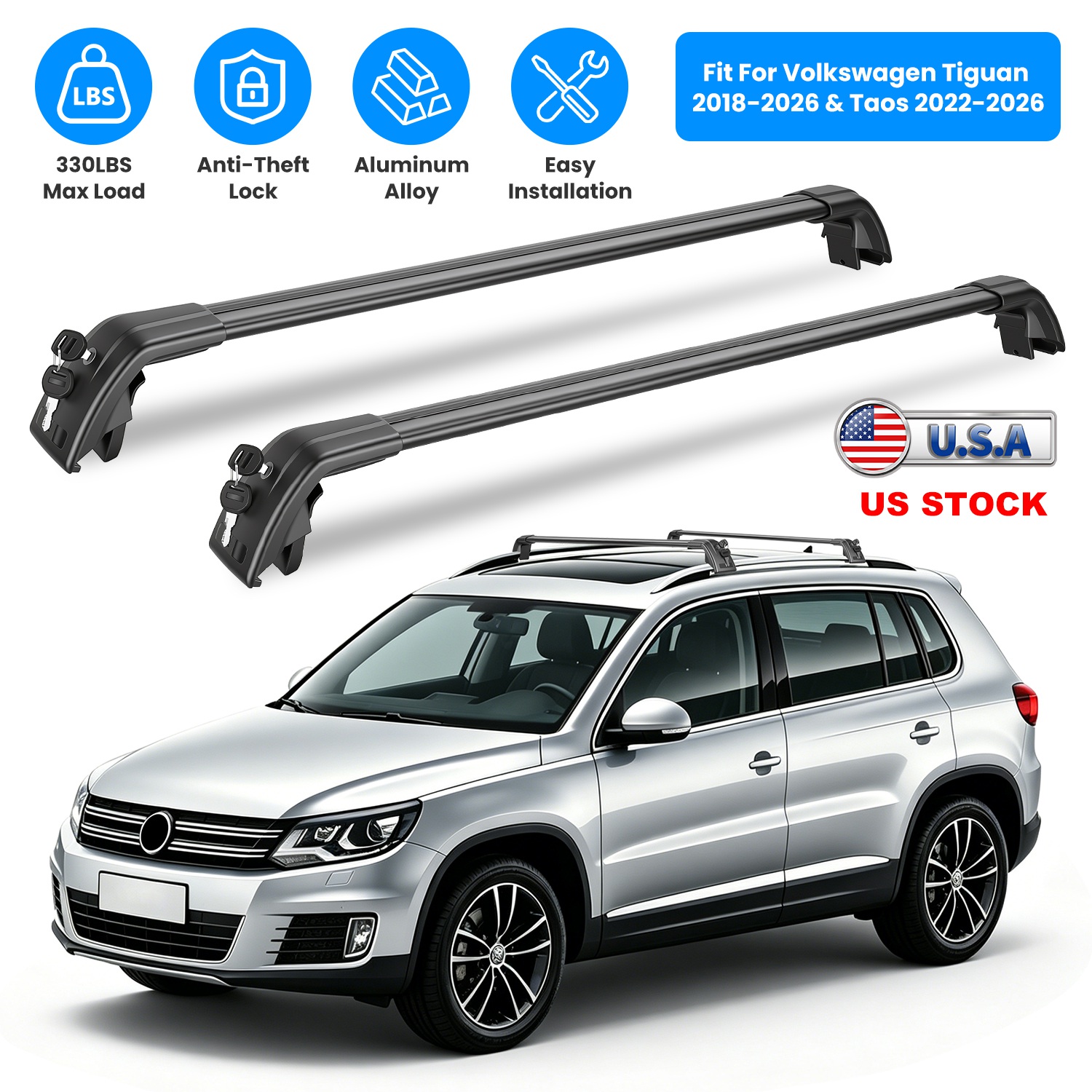 Roof Rack Cross Bars Fit for Volkswagen Tiguan 2018-2026 & Taos 2022-2026 with Factory Raised Side Rails Lockable Aluminum Roof Cargo Carrier Bars 330 - Image 7