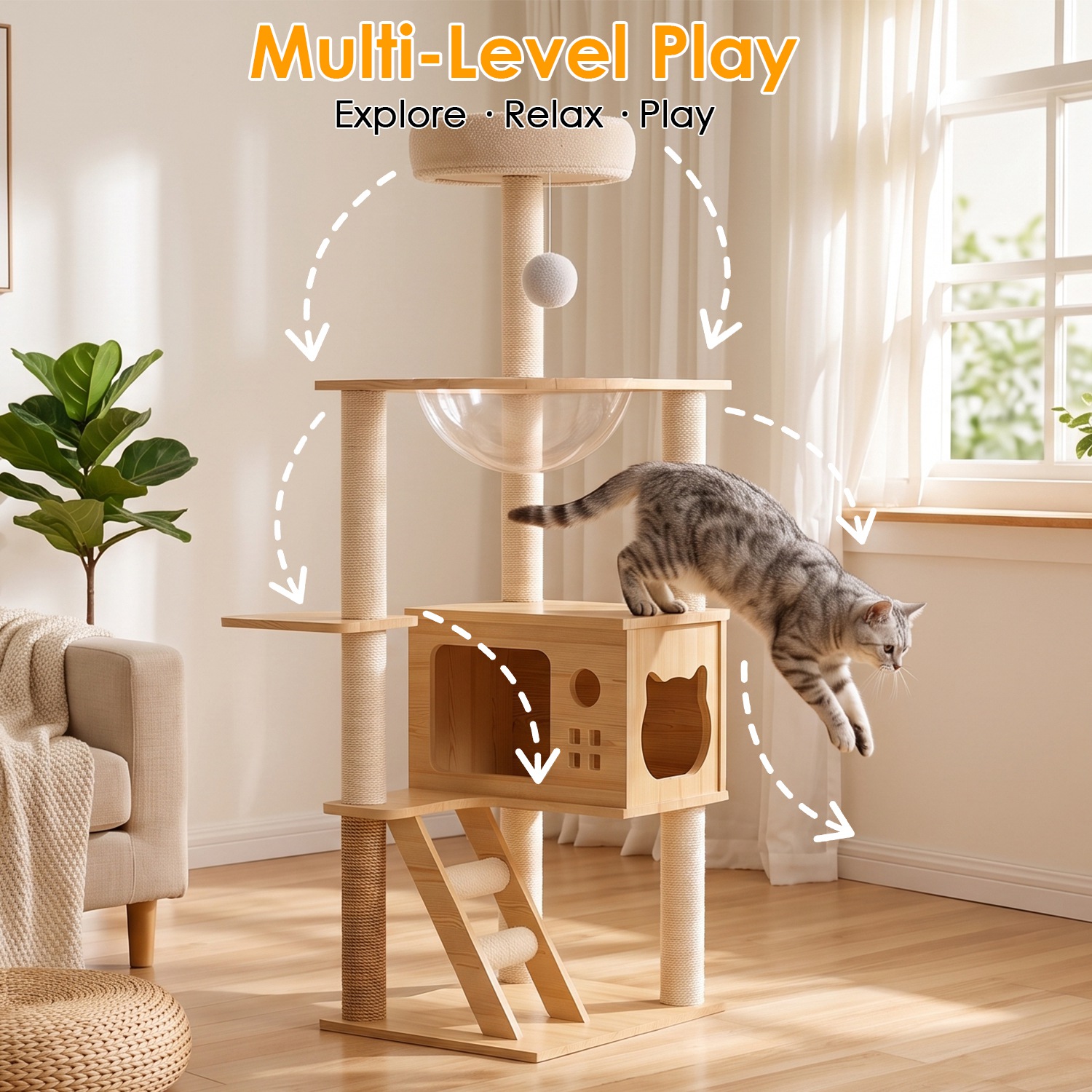 48.4" Modern Wood Cat Tree Tower, Multi-Level Cat Condo with Acrylic Hammock, Sisal Scratching Posts & Top Perch, Cat Tower for Indoor Cats - Image 10