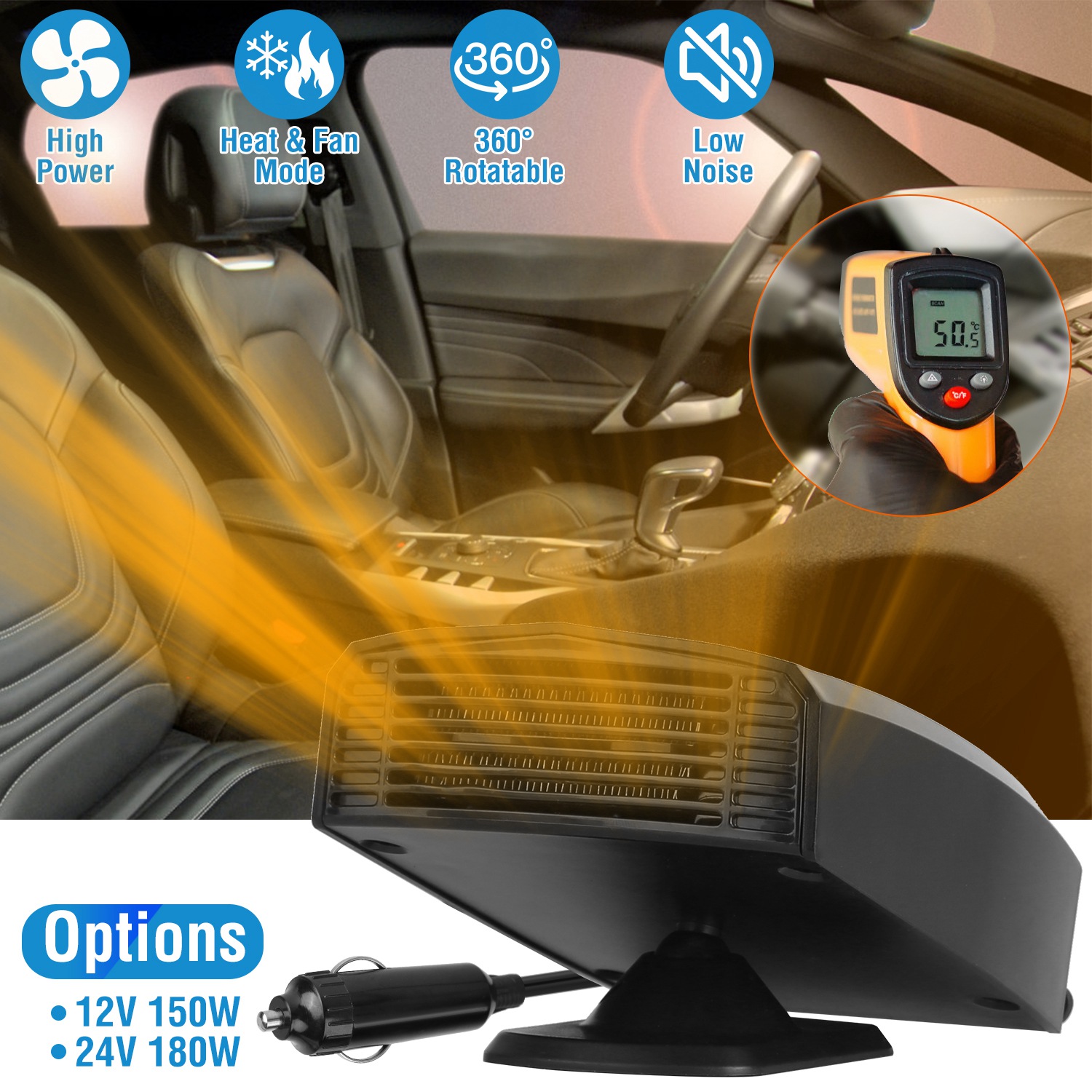 12V 150W Portable Car Heater Heating Fan 2 in 1 Defroster Defogger Demister Windshield Heater Automotive Cooling Fan with 360°Rotating Base - Image 4