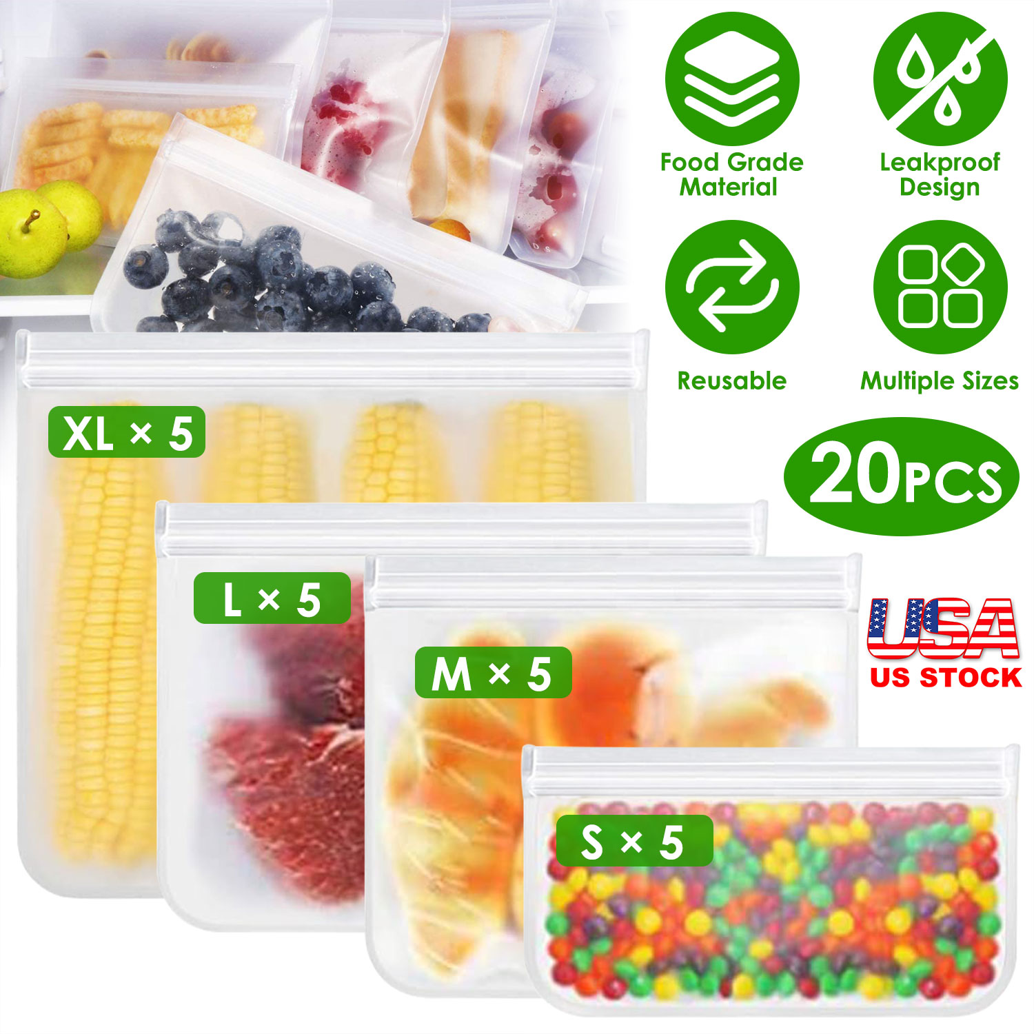 20Pcs Reusable Food Storage Bags 5 Sandwich Snack Gallon Quart Bag Leakproof BPA Free Food Container Freezer Safe Lunch Bag - Image 5