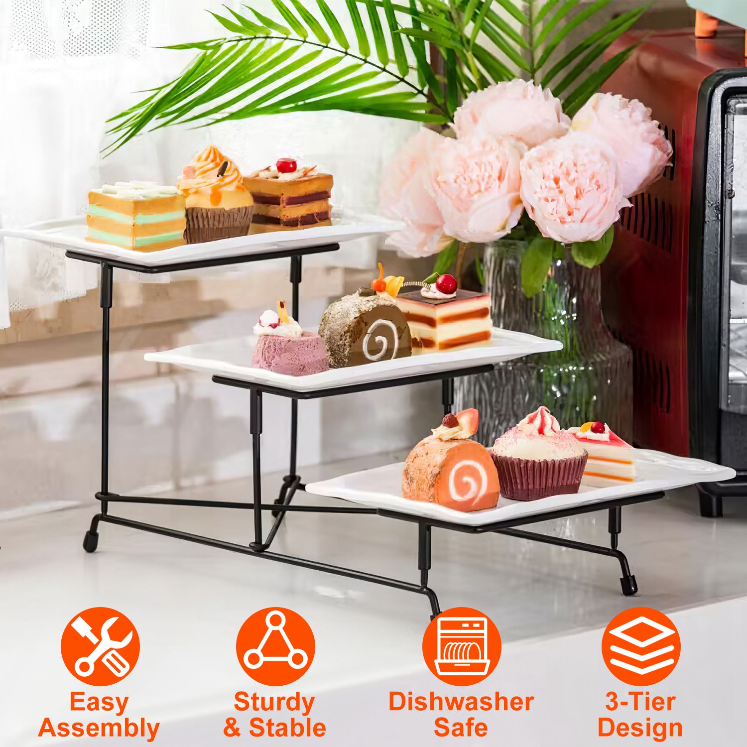 3-Tier Plastic Serving Tray Dessert Server Display Serving Stand Dinnerware with 3 Rectangular Plastic Serving Platters Metal Stand for Entertaining F - Image 4