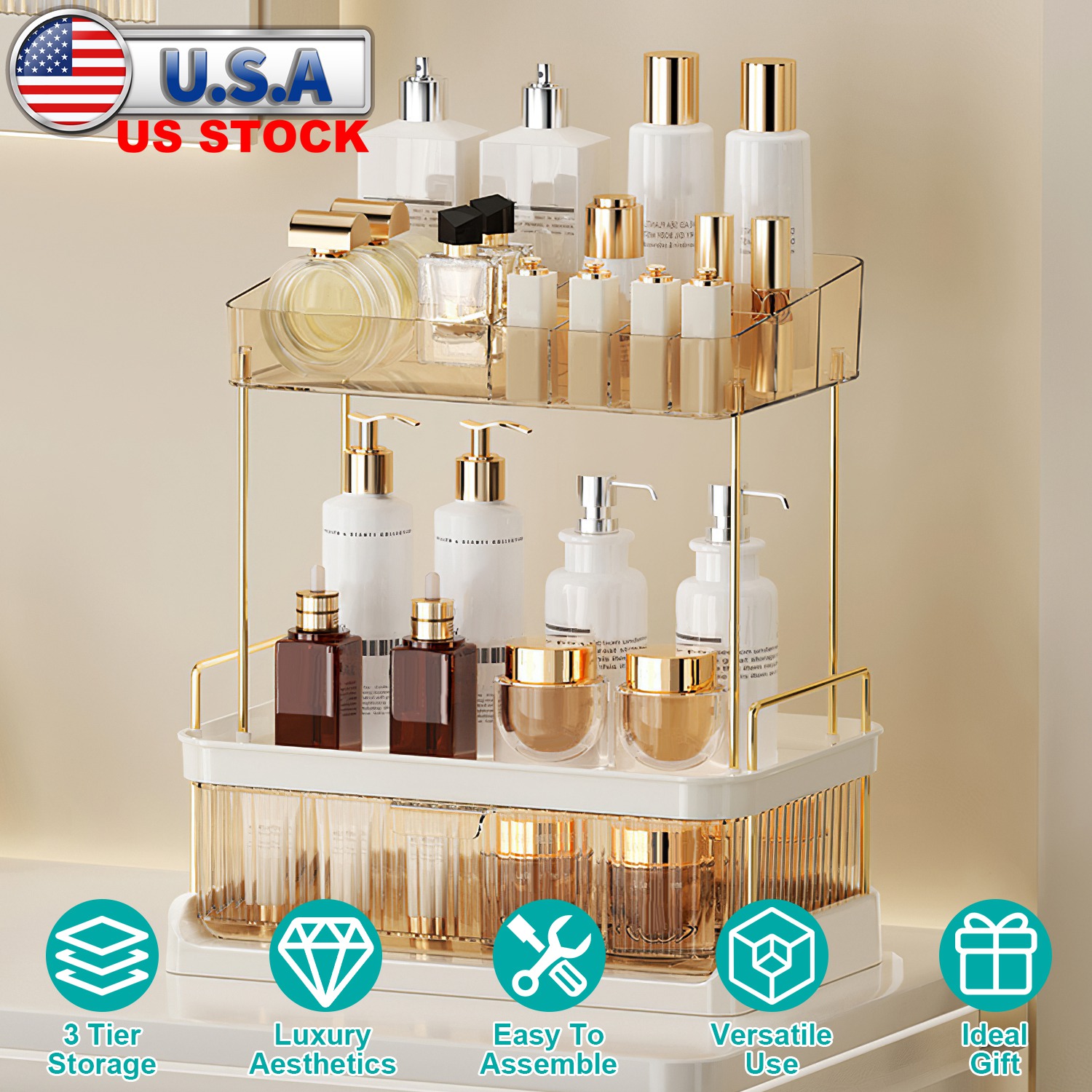 3 Tier Makeup Organizer for Vanity Large Capacity Skincare Shelf Bathroom Countertop Organizer with Drawer for Lipsticks Lotion Toner Perfumer Masks - Image 3