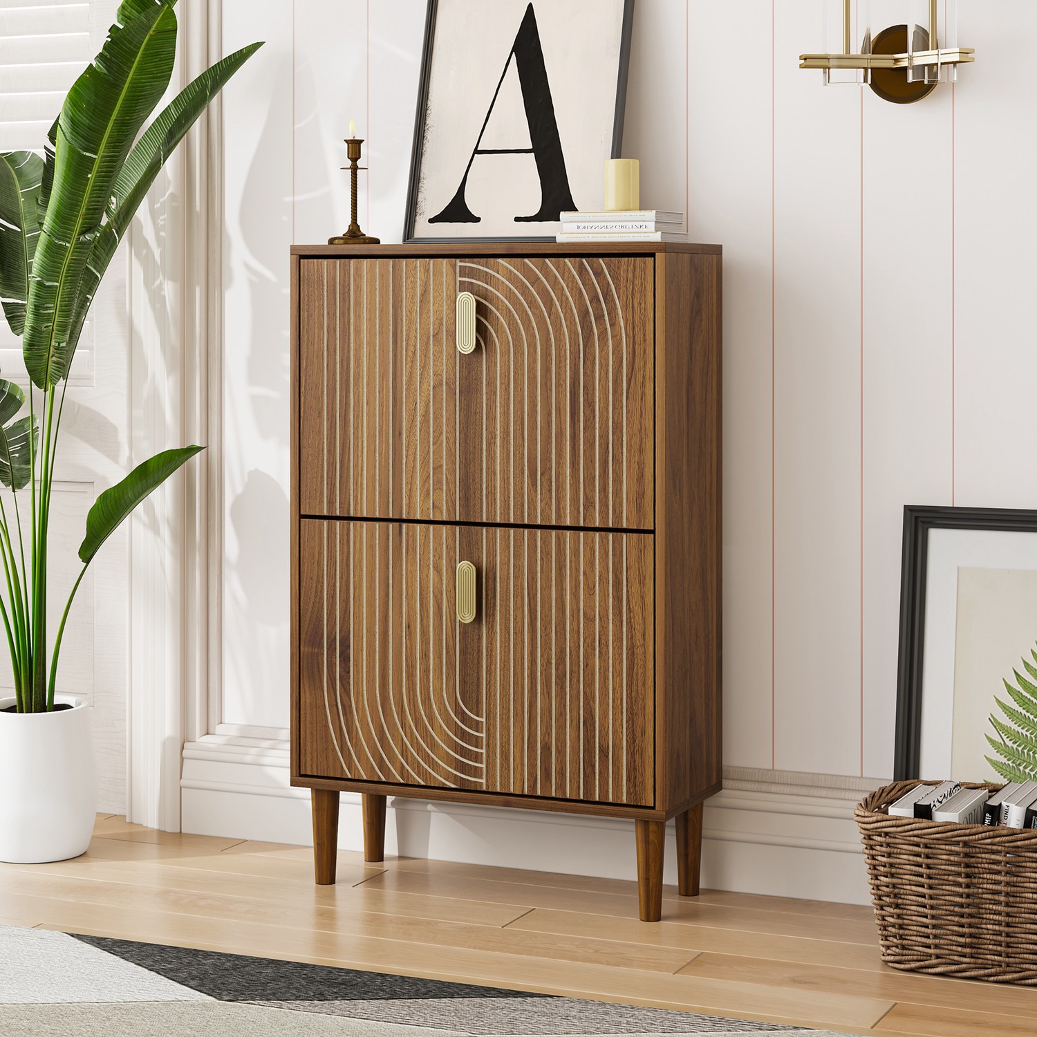 Forbidden to Sell on Amazon Line Groove Narrow Shoe Storage Cabinet with 2 Flip Drawers, Freestanding Slim Shoe Rack with Gold Metal Handles for Entry - Image 6