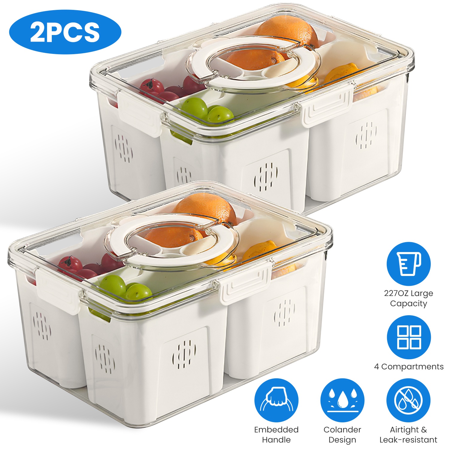 2Pack Airtight Fruit Storage Containers 4-Compartment Food Storage Containers Fruit Vegetable Organizers with 8 Removable Colanders for Fridge Picnic - Image 3