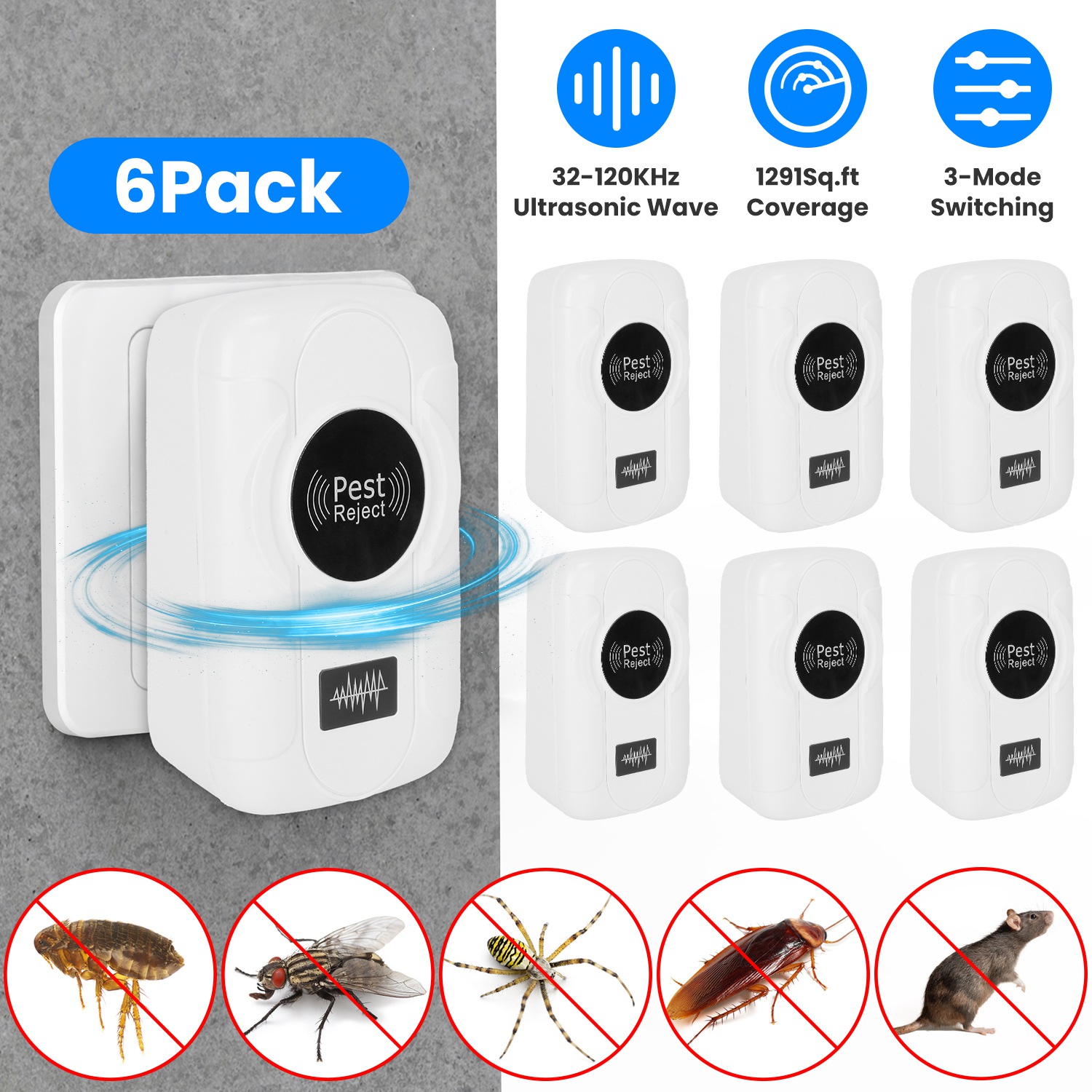 6 Pack 32-120KHz Ultrasonic Insect Repellent Indoor Plug In Bug Repellent Mosquito Roaches Mice Control with 3 Modes for Bedroom Garage Warehouse Offi - Image 5
