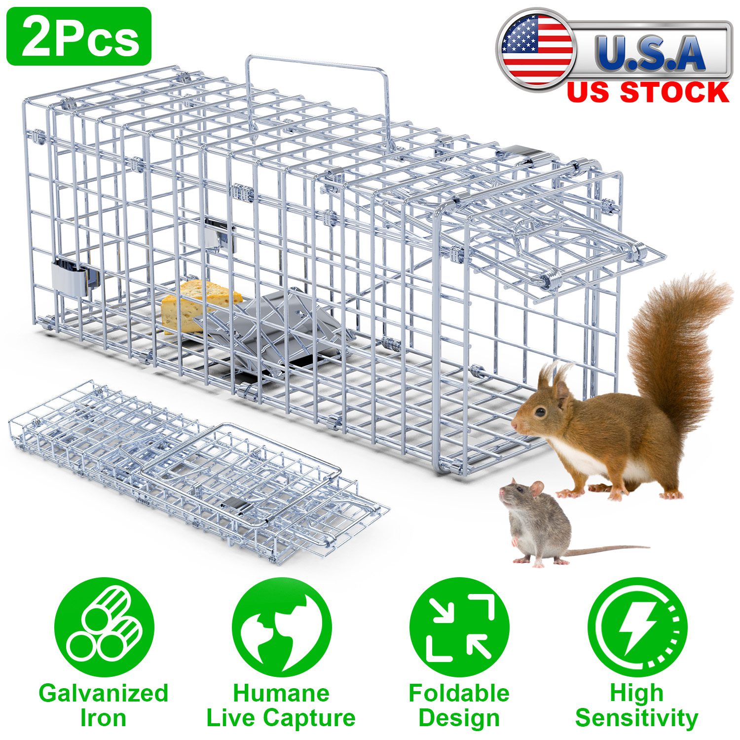 2Pcs Foldable Rat Trap Cage Humane Live Rodent Trap Cage Galvanized Iron Mice Mouse Control Bait Catch with Detachable L Shaped Rod For Kitchen Garden - Image 3