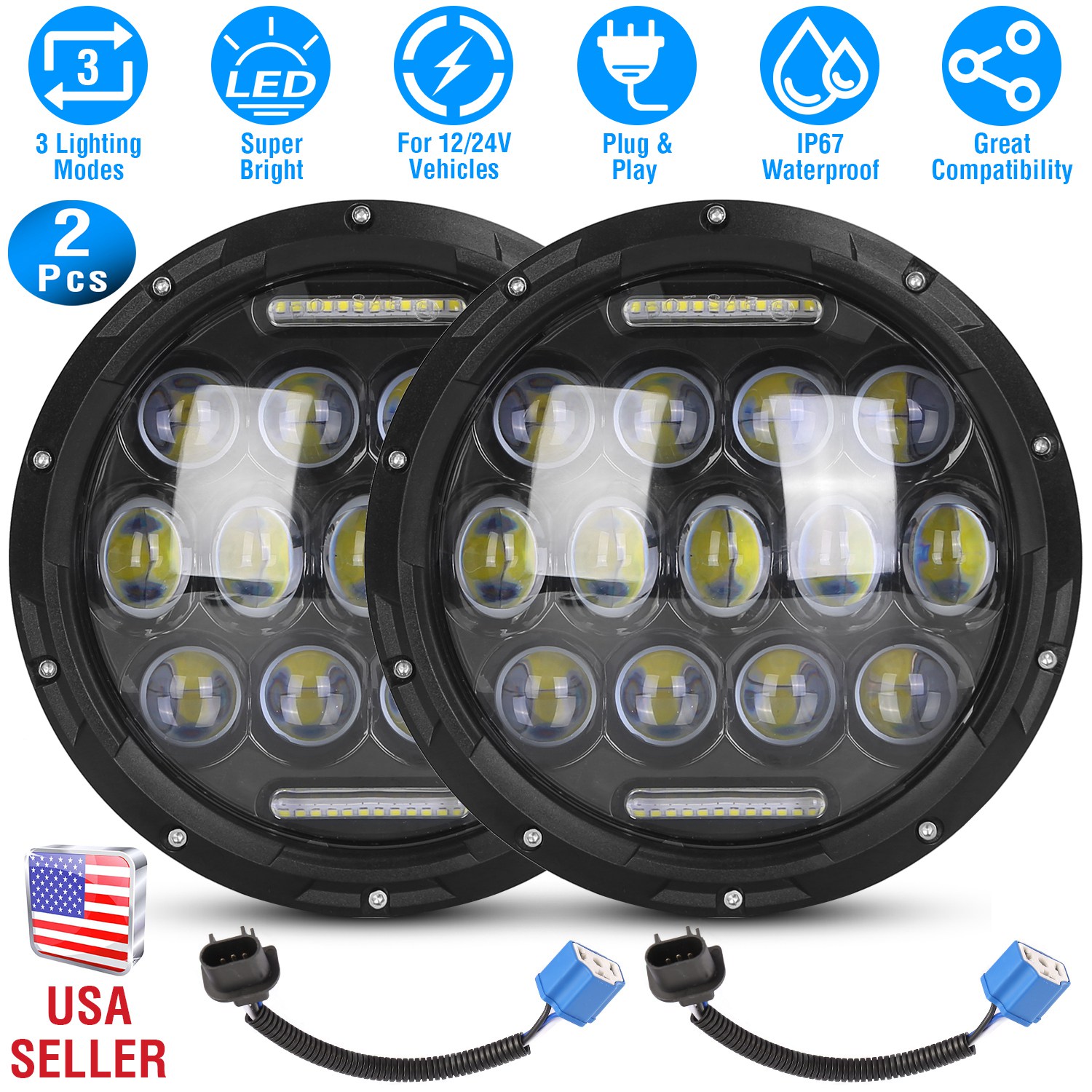 2Pcs 7In 75W Round LED Headlight 3800LM Halo Car Headlamp with DRL High Low Beam for Jeep Wrangler TJ JK CJ with H4 to H13 Adapters Plug and Play - Image 5