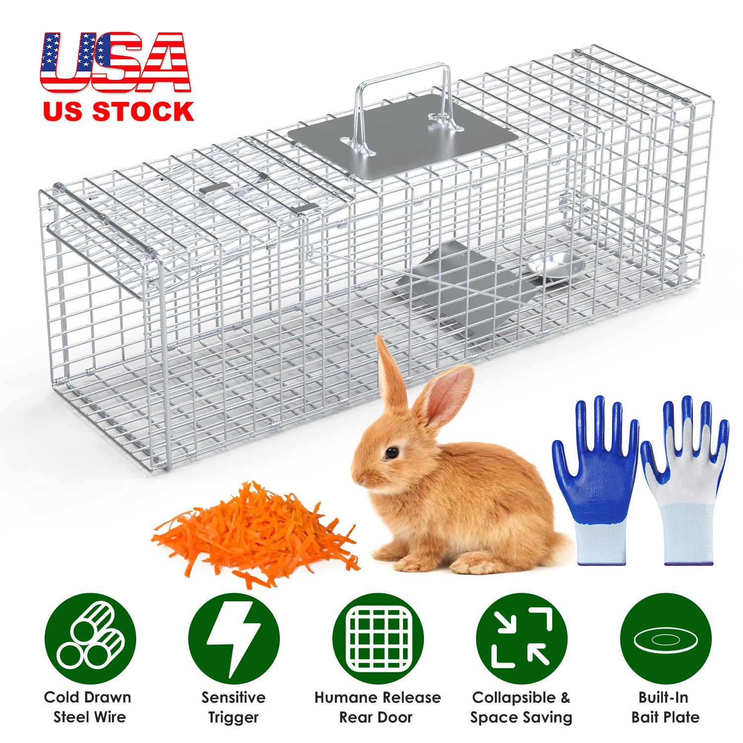 Live Animal Trap Cage 27x7.5x8in Folding Catch and Release Steel Humane Cat Trap for Racoons Stray Cats Rabbits Beavers Hedgehogs Chipmunk Small Anima - Image 3