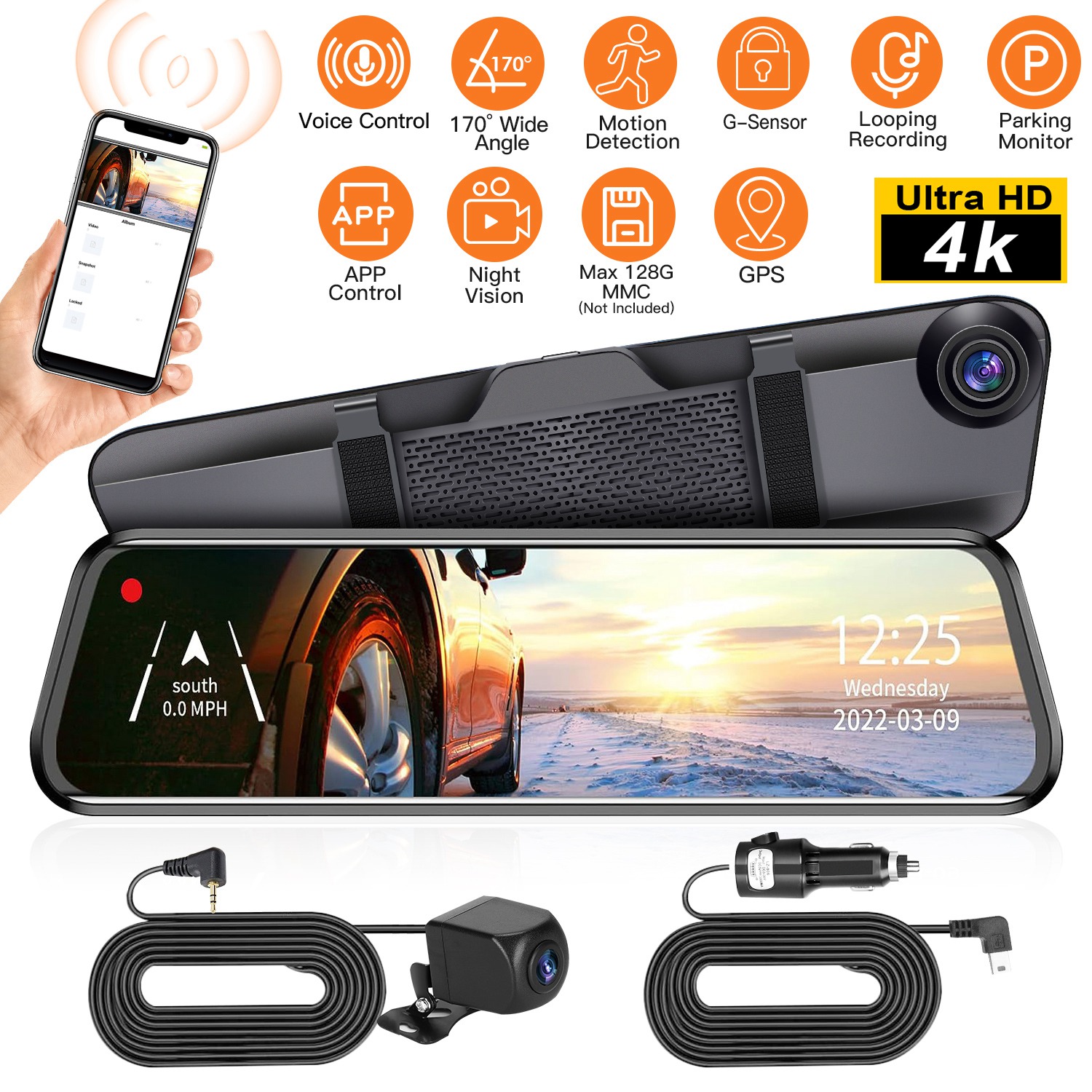 4K Car DVR 12in Dash Cam Camcorder Camera Recorder with 170° Angle Loop Recording Motion Detection Night Vision Voice Control APP Control G-sensor - Image 2