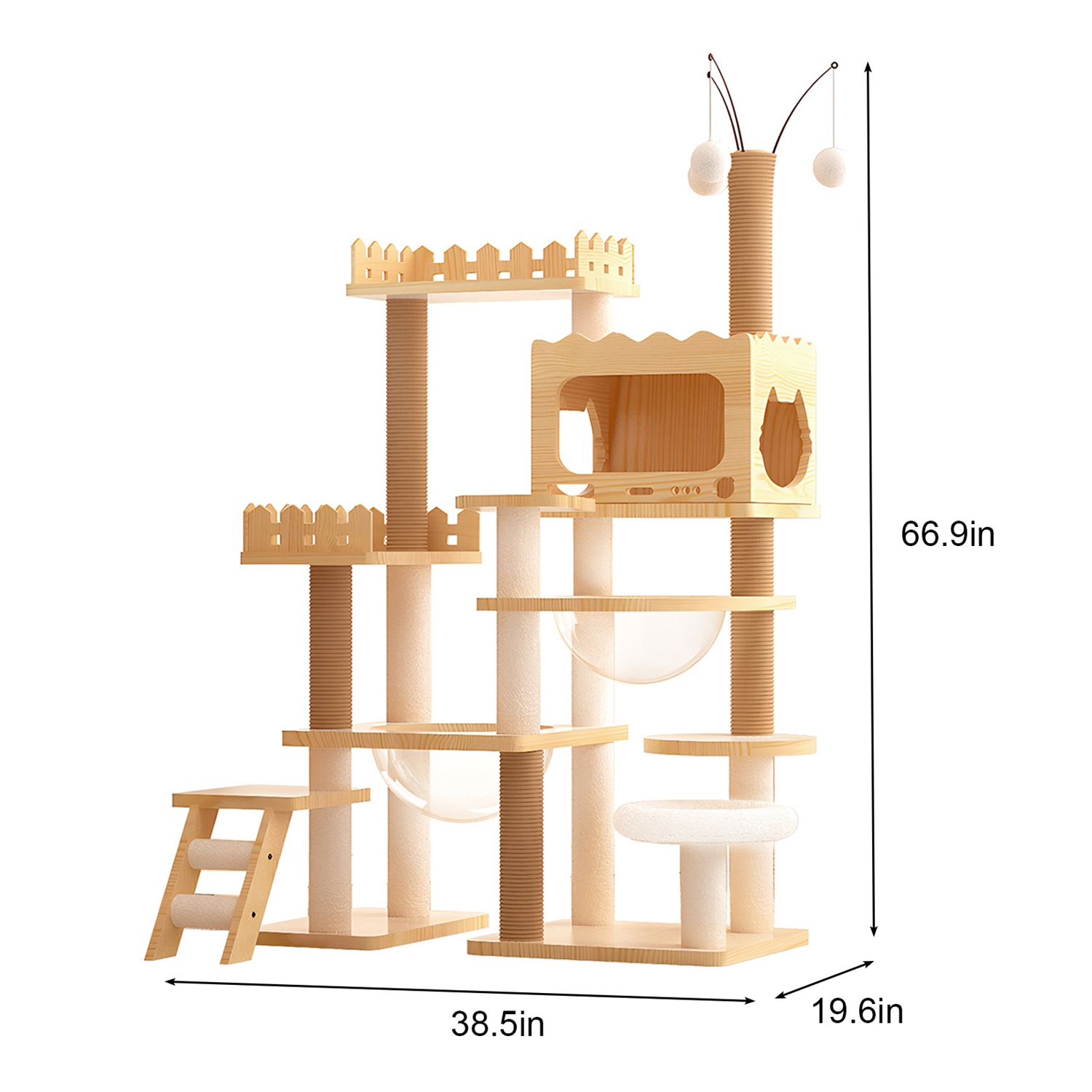 66.9" Modern Cat Tree Tower Wooden Cat Condo with 1 Cat House 2 Acrylic Capsule Sisal Scratching Posts Soft Bed Hanging Toys Multi-Level 33LBS Max Loa - Image 2