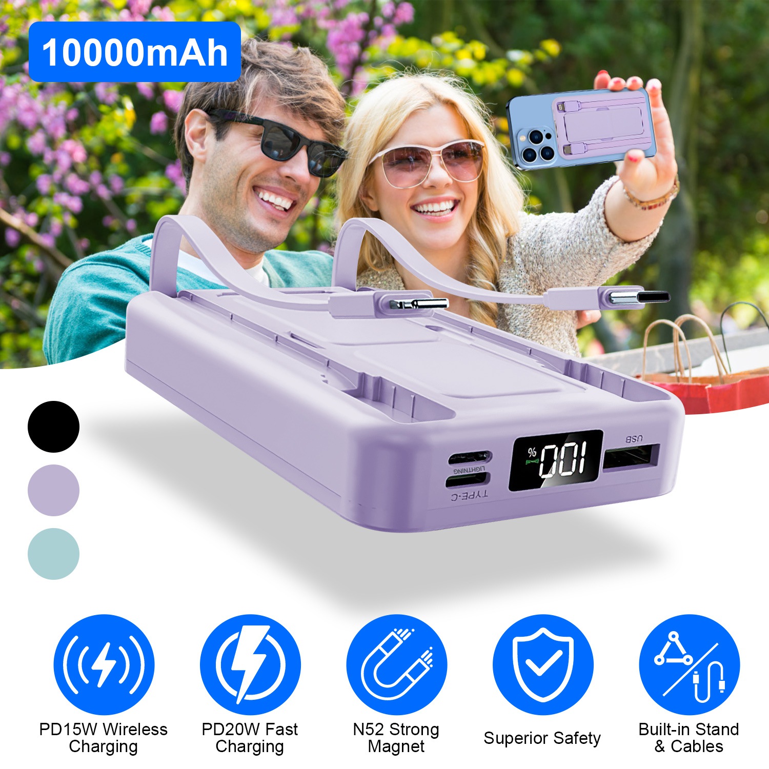 3 In 1 10000mAh MagSafe Fast Charging Power Bank PD20W Portable Charger with 2 Built In Cables Stand Fit for IOS Phone 16 15 13 Series And More - Image 8