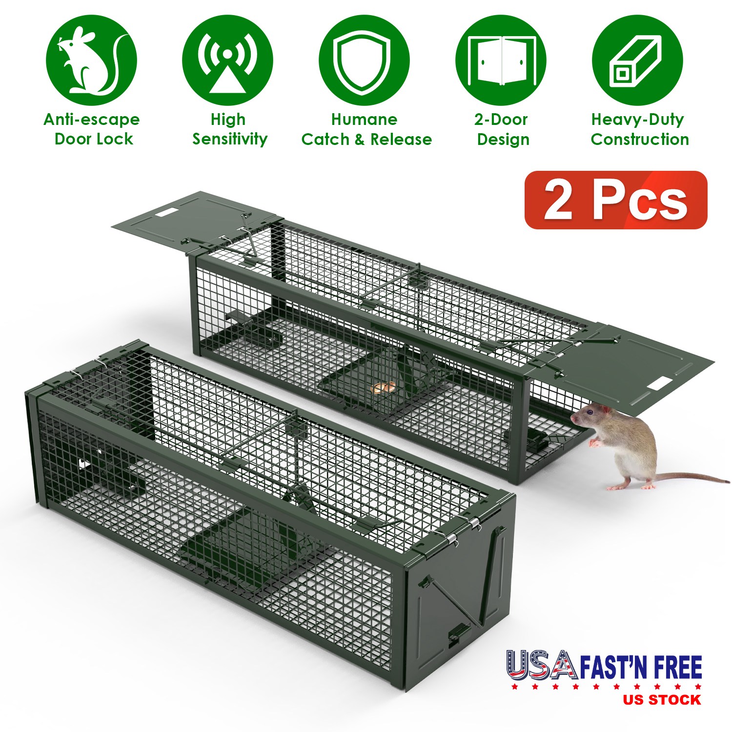 2Pack 15.35x4.72x3.94in 2-Door Humane Live Rat Trap Galvanized Iron Rodent Trap Cage Reusable for Home Garden Farm Warehouse - Image 5