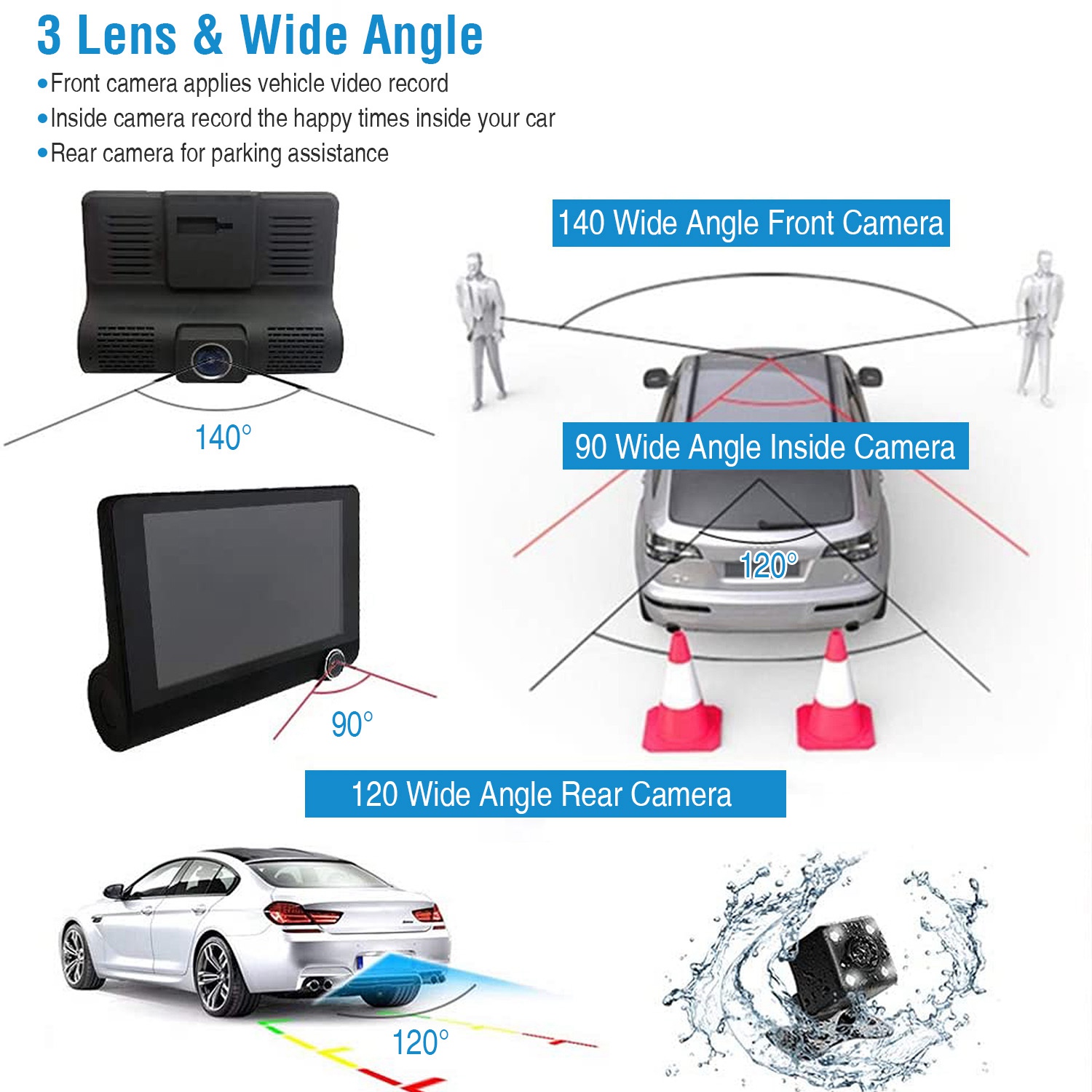 1296P Car DVR Dash Camera 4In 3 Lens Vehicle Driving Recorder Seamless Recording - Image 3