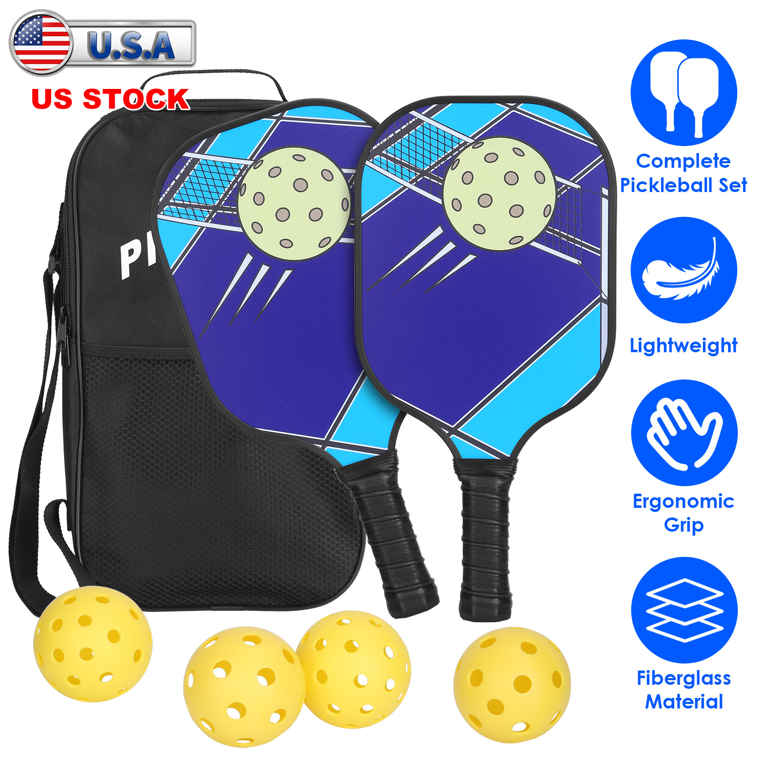 Pickleball Set 2 Fiberglass Paddles 4 Outdoor Indoor Balls Portable Carry Bag 2 Cooling Towel Lightweight Ergonomic Grip for Beginners Pros - Image 4
