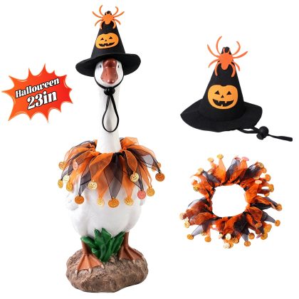 Porch Goose Halloween Costume for 23" Goose Statue Sparkling Sequin Goose Costume with Pumpkin Spider Wizard Hat Halloween Yard Decor