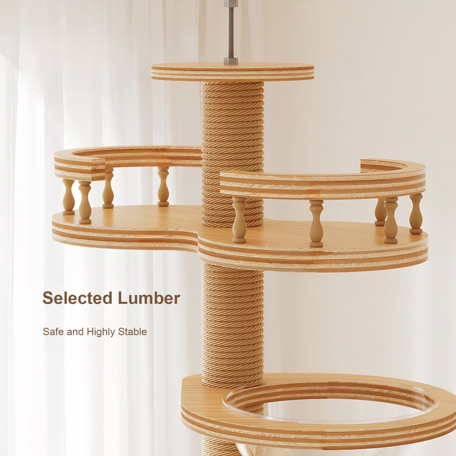 Floor to Ceiling Cat Tree, Adjustable Height Wooden Cat Tower with Cat Condo, Acrylic Hammock, Sisal Scratching Post & Cat Toy, Natural Floor-to-Ceili - Image 6