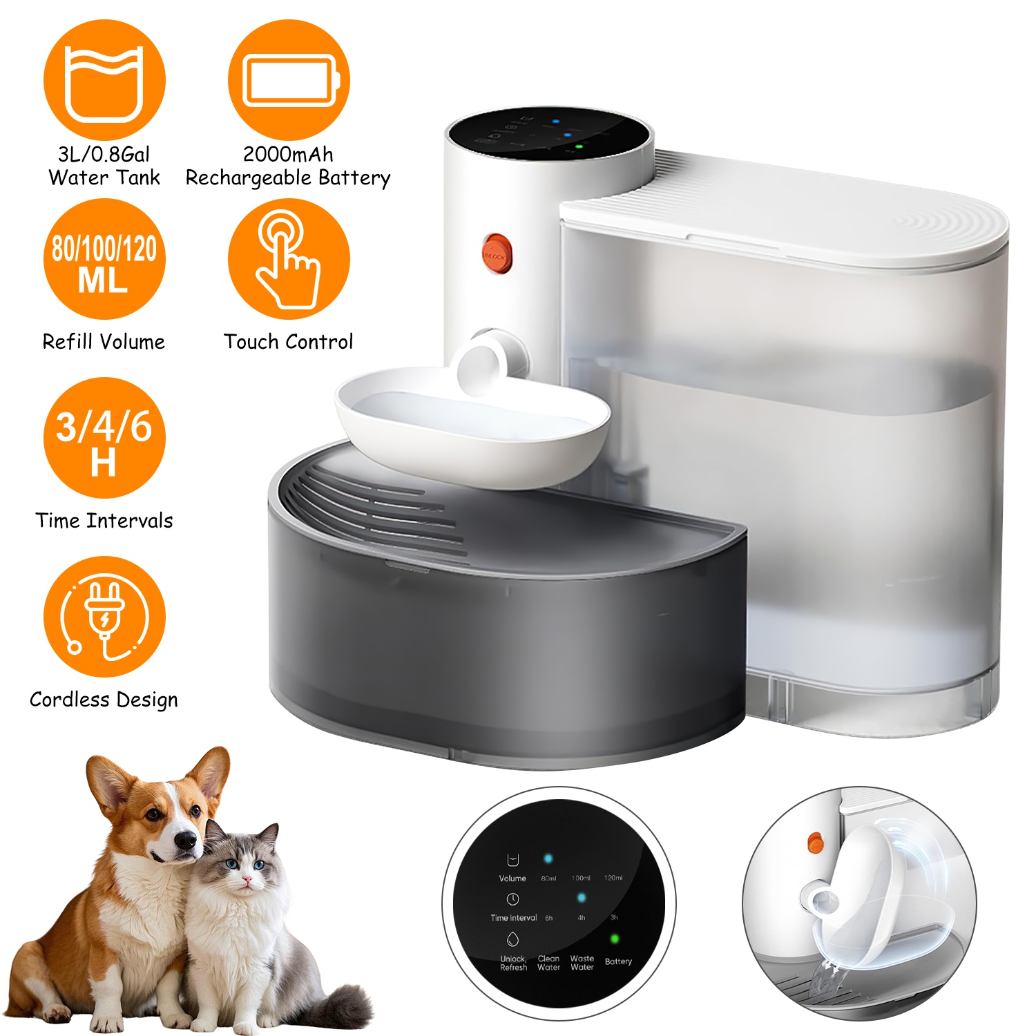 Smart Pet Water Fountain Automatic Cat Water Dispenser 3L/101OZ Cordless Rechargeable Dog Water Fountain Self-Refill with 3 Adjustable Volume 3 Time I - Image 4