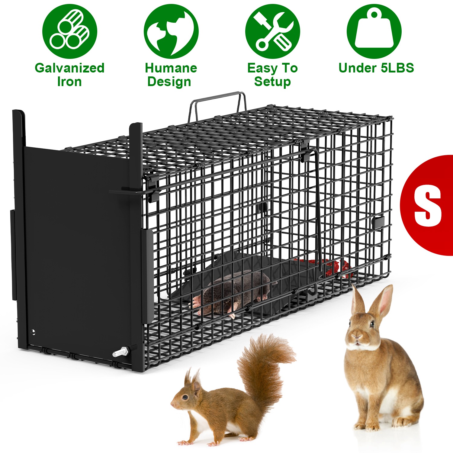 26in Single Door Live Animal Cage Trap For Animals Under 5LBS Easy To Setup Humane Galvanized Iron Trap Cage For Small Cats Rabbits Squirrels Moles Ch - Image 4