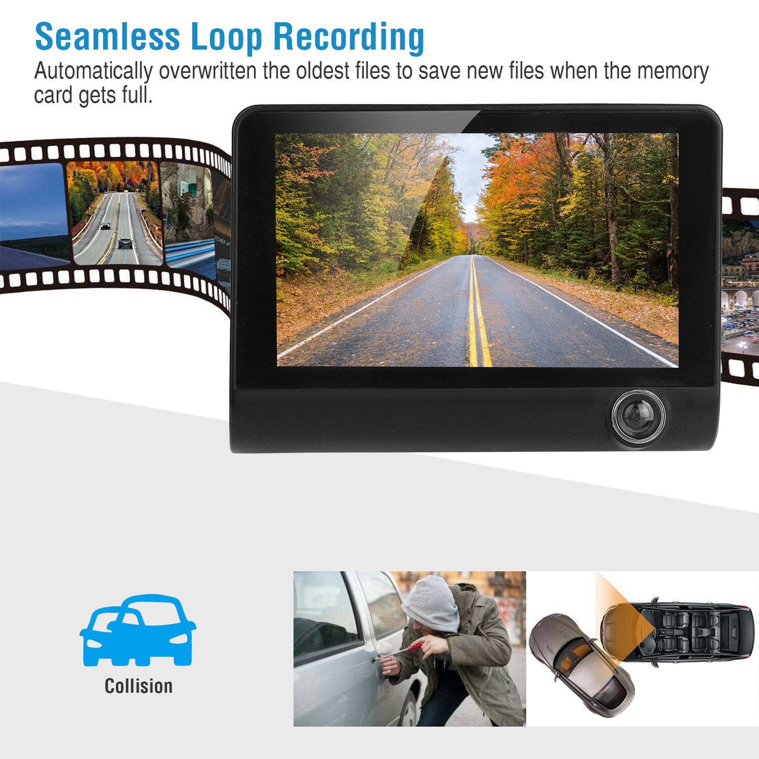 1296P Car DVR Dash Camera 4In 3 Lens Vehicle Driving Recorder Seamless Recording - Image 4
