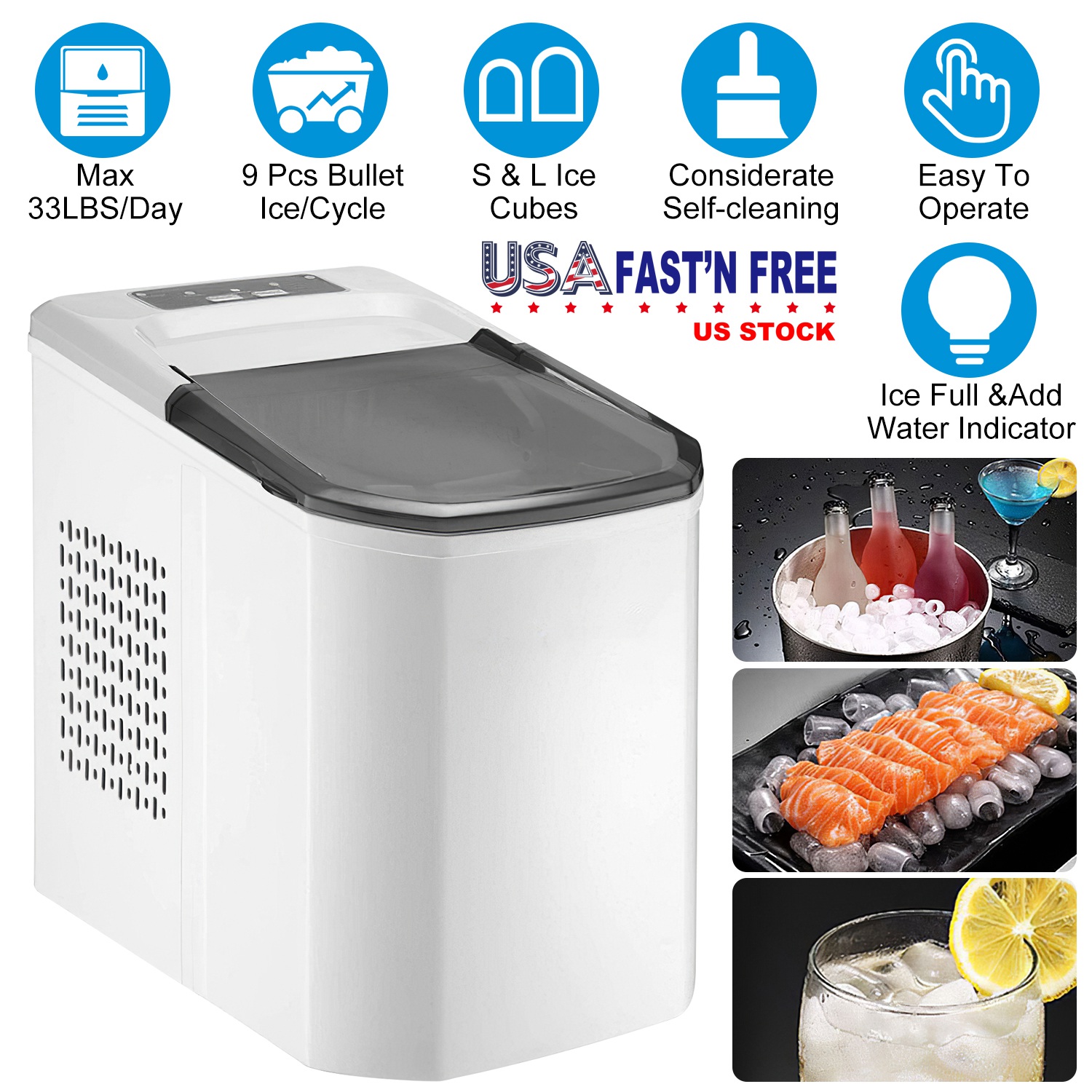 Electric Countertop Ice Maker with Ice Scoop Basket Self-cleaning Max 33LBS/24Hrs Ice Making Machine Bullet Ice Machine for Home Kitchen Office Party - Image 7