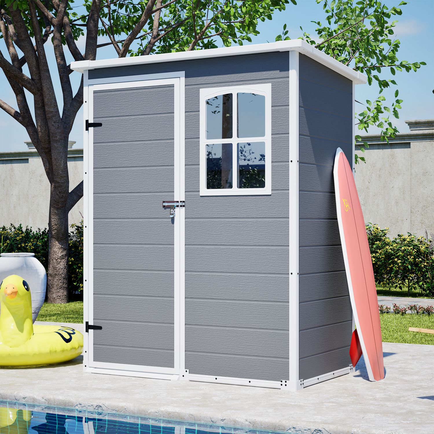 5x3FT Resin Outdoor Storage Shed with Floor Lockable Garden Shed with Window Sloped Roof Weather-Resistant Tool Shed for Garden Tools, Pet House and B - Image 7