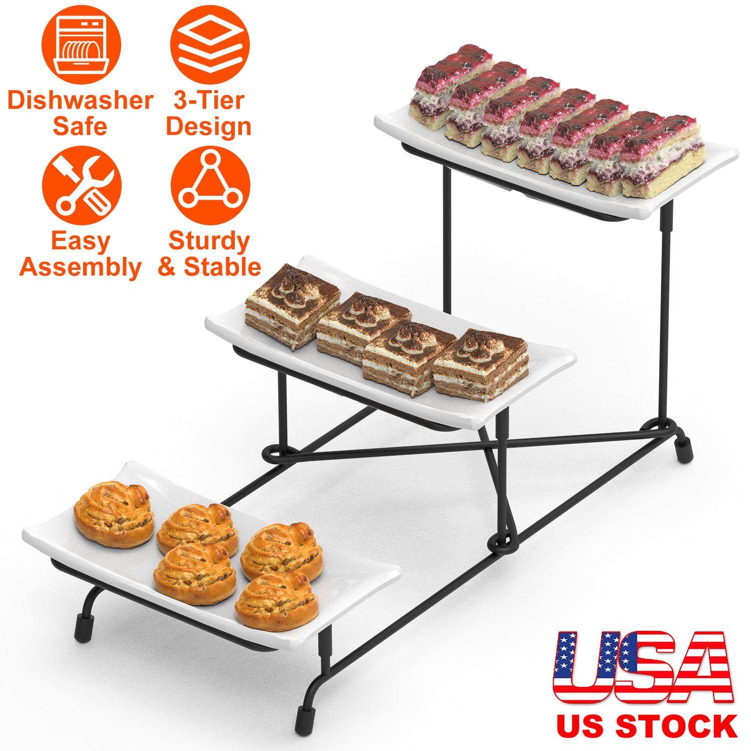 3-Tier Plastic Serving Tray Dessert Server Display Serving Stand Dinnerware with 3 Rectangular Plastic Serving Platters Metal Stand for Entertaining F - Image 3