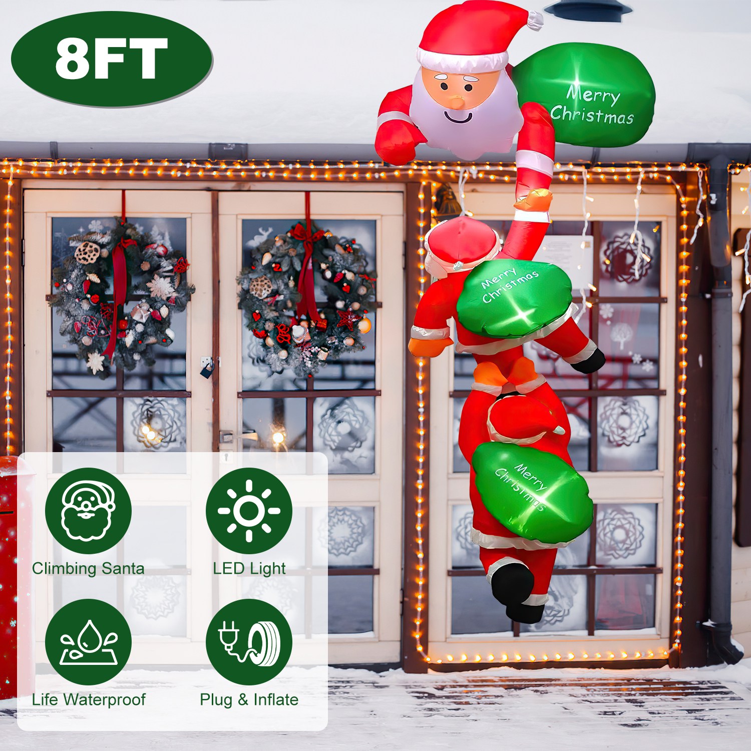 8FT Climbing Inflatable Santa Claus with Light Hanging Blow Up Christmas Inflatable Indoor Outdoor Christmas Decorations 3 Santa Claus 3 Merry Christm - Image 4
