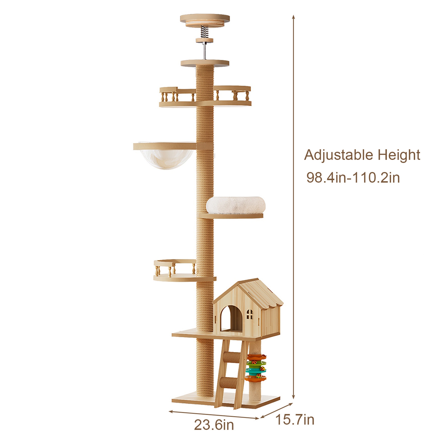 Floor to Ceiling Cat Tree, Adjustable Height Wooden Cat Tower with Cat Condo, Acrylic Hammock, Sisal Scratching Post & Cat Toy, Natural Floor-to-Ceili - Image 7