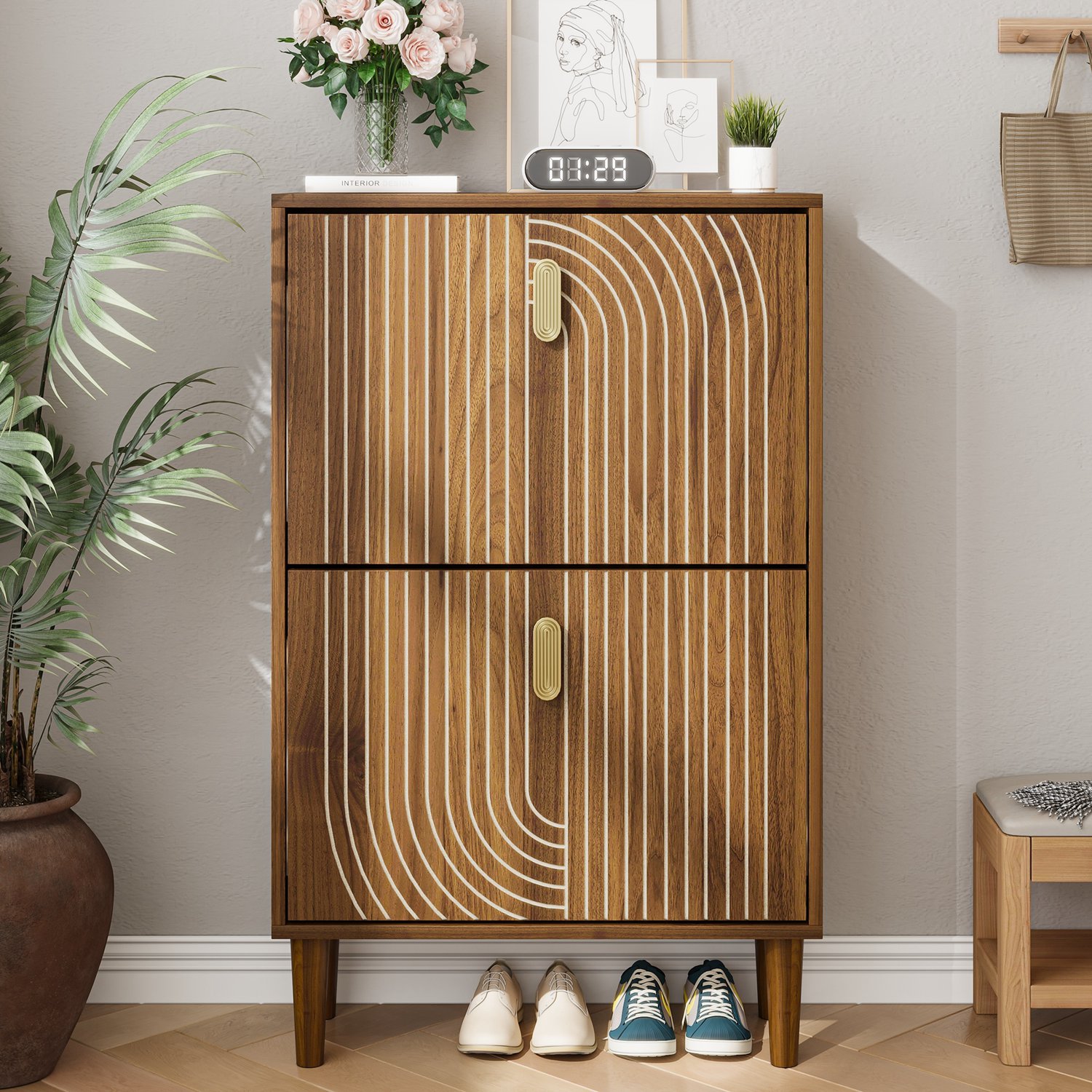 Forbidden to Sell on Amazon Line Groove Narrow Shoe Storage Cabinet with 2 Flip Drawers, Freestanding Slim Shoe Rack with Gold Metal Handles for Entry - Image 8