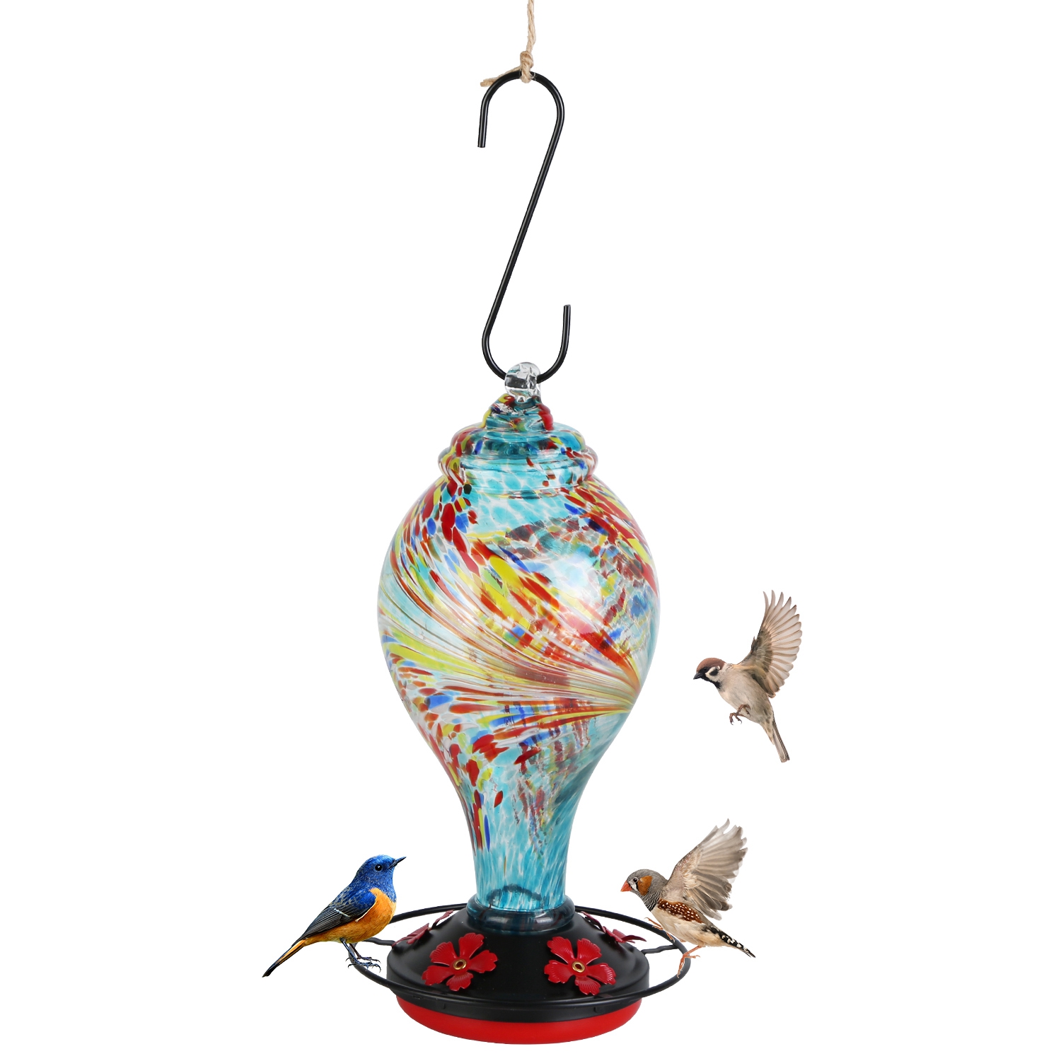 Glass Hummingbird Feeder 33OZ Hand Blown Hummingbird Feeder with 5 Flower Feeding Port Perch Ant Moat Hanging Hook S Hook Hemp Rope Cleaning Brush for - Image 5