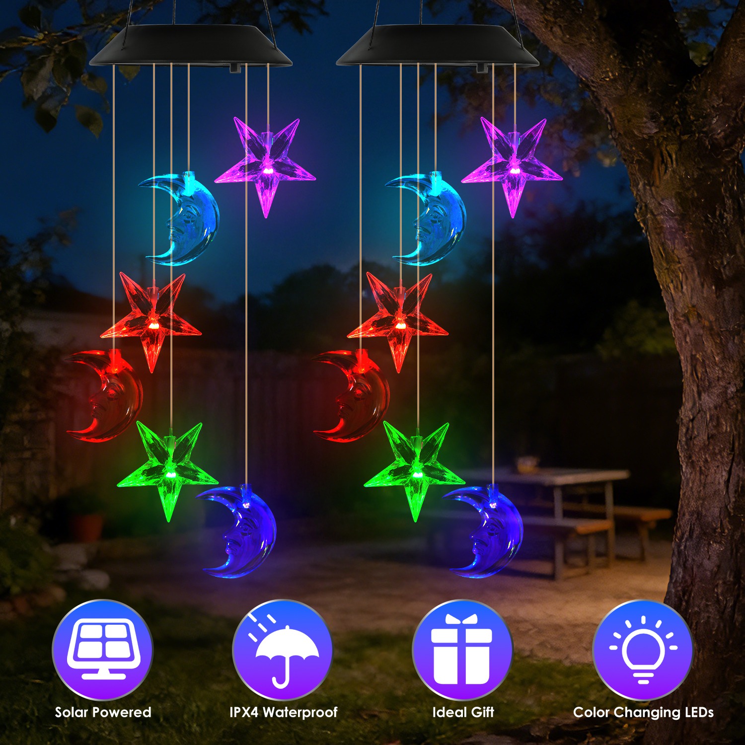 2Pack Solar Moon and Star Wind Chimes 7 Color Changing Wind Chimes for Outside IPX4 Waterproof Outdoor Garden Yard Decor - Image 2
